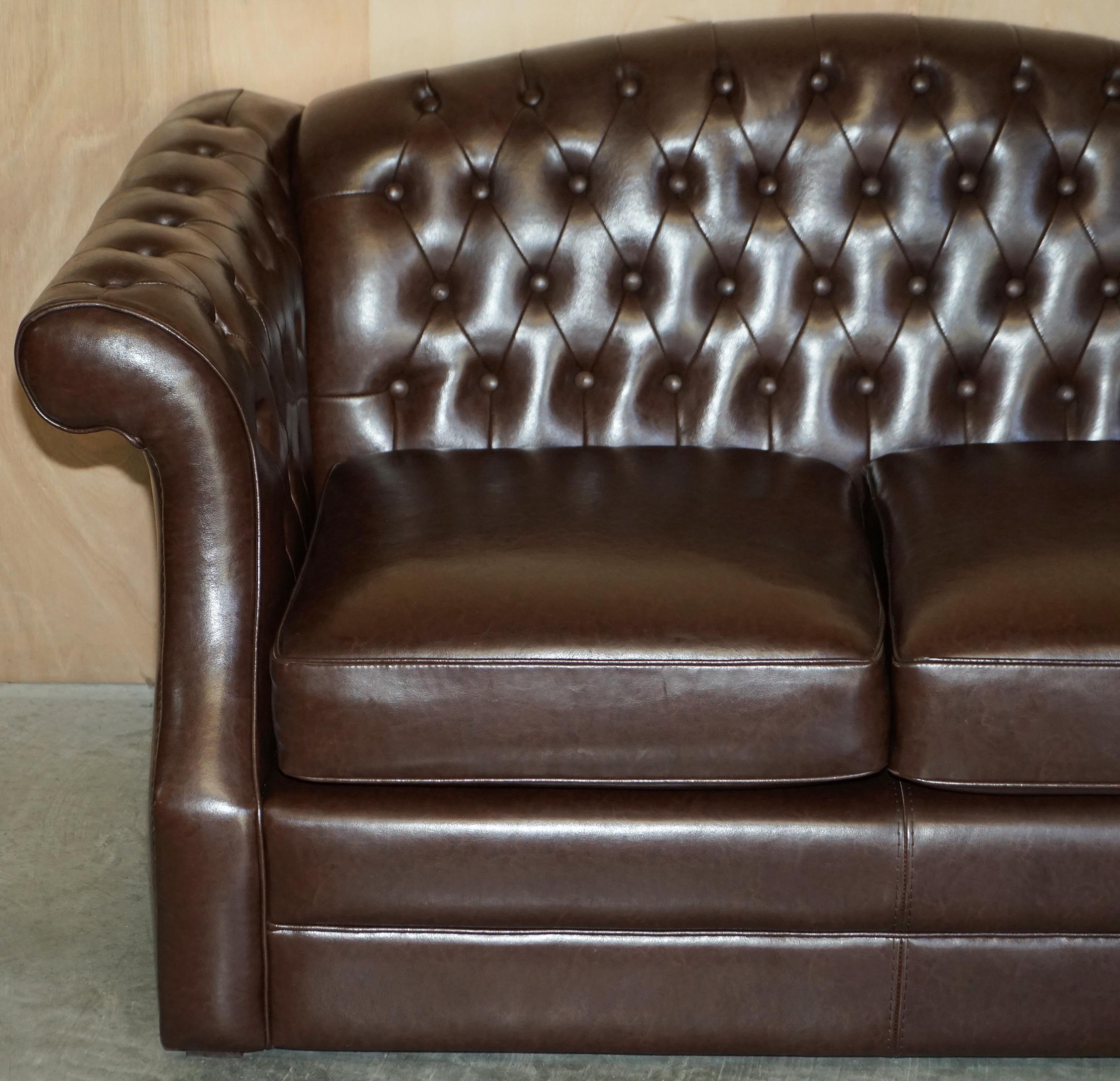 Hand-Crafted Vintage Brown Leather Chesterfield Pair of Armchairs & Two Seat Sofa Suite