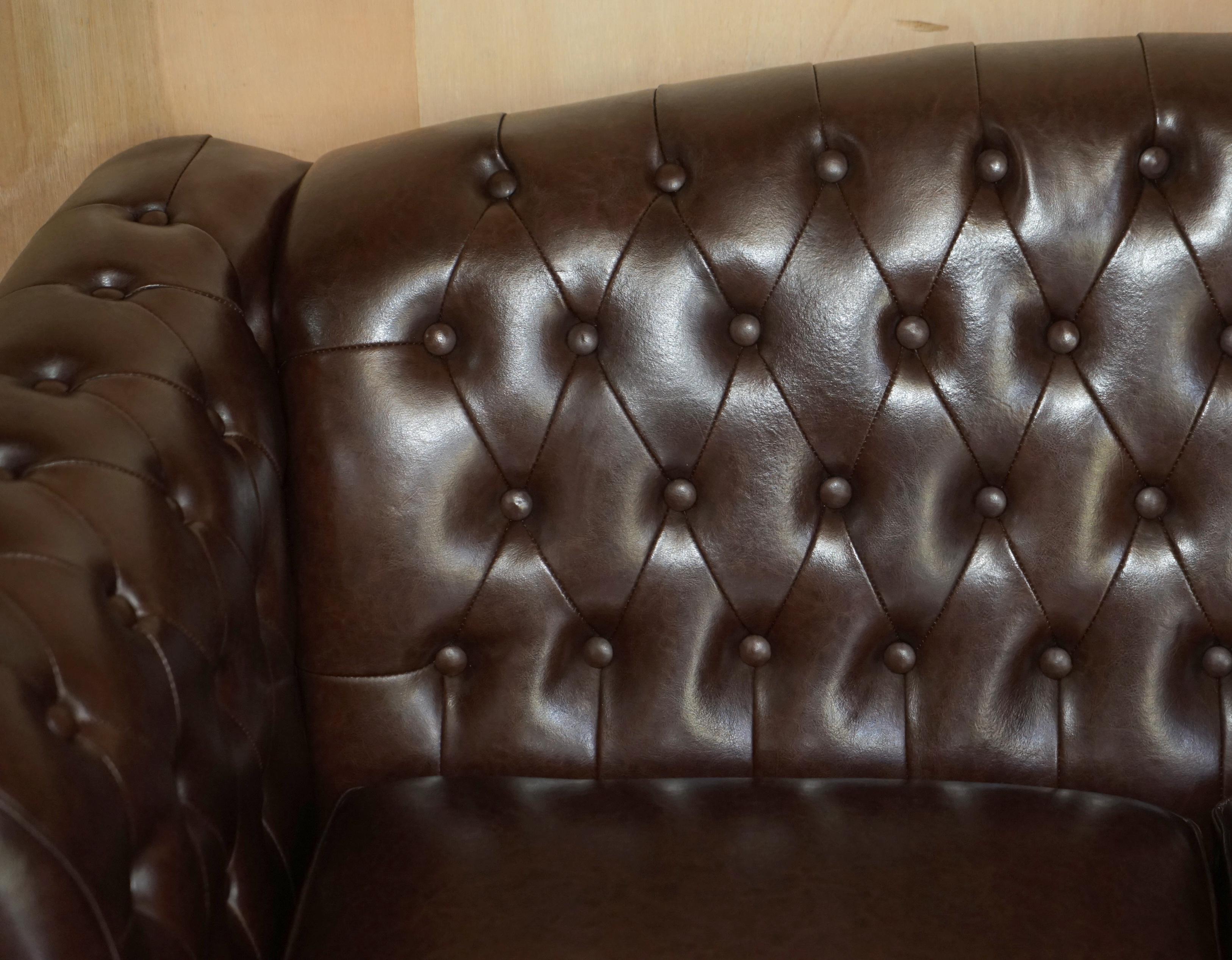 20th Century Vintage Brown Leather Chesterfield Pair of Armchairs & Two Seat Sofa Suite
