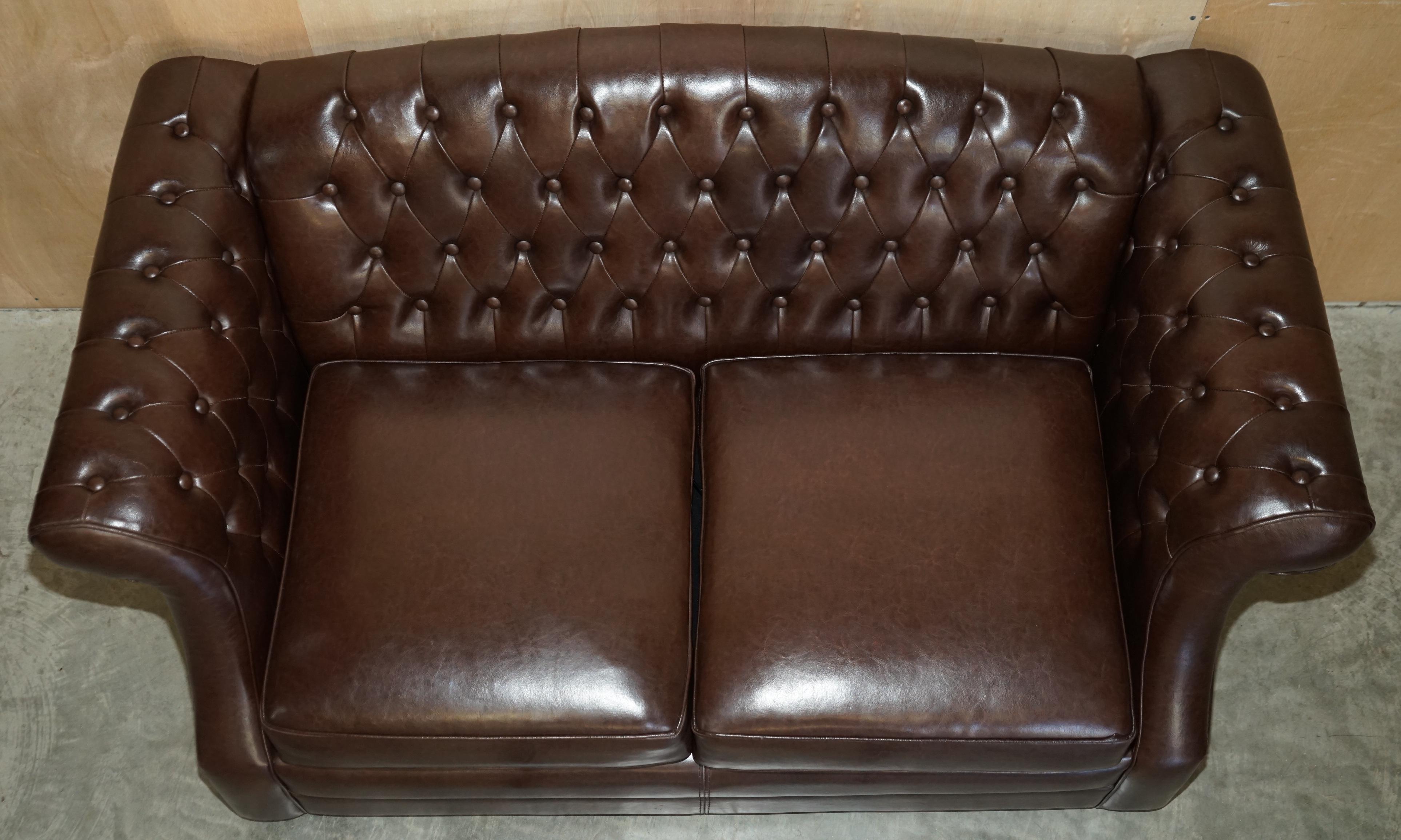 Vintage Brown Leather Chesterfield Pair of Armchairs & Two Seat Sofa Suite 4