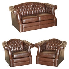 Vintage Brown Leather Chesterfield Pair of Armchairs & Two Seat Sofa Suite