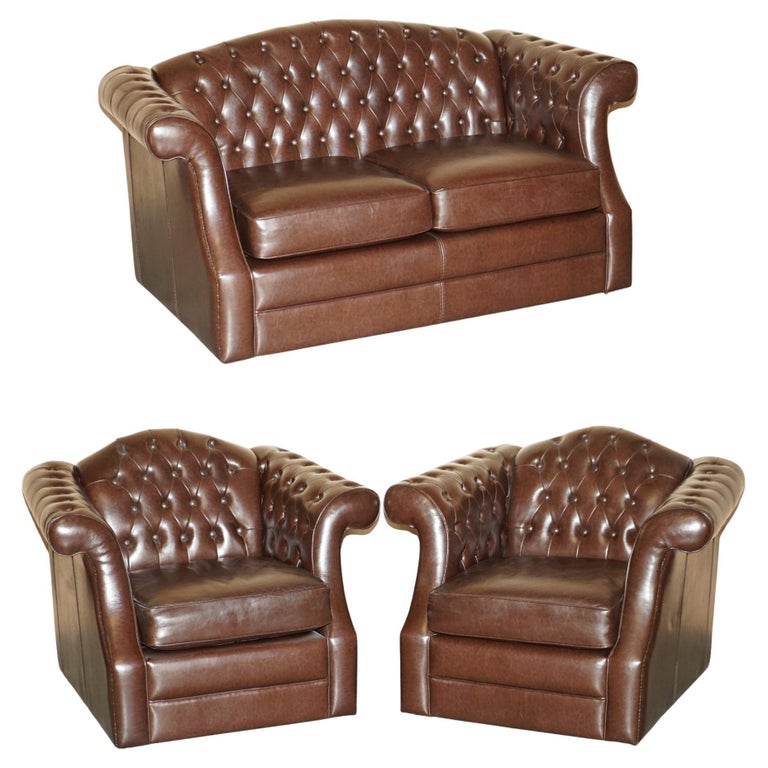 Vintage Brown Leather Chesterfield Pair of Armchairs and Two Seat Sofa ...