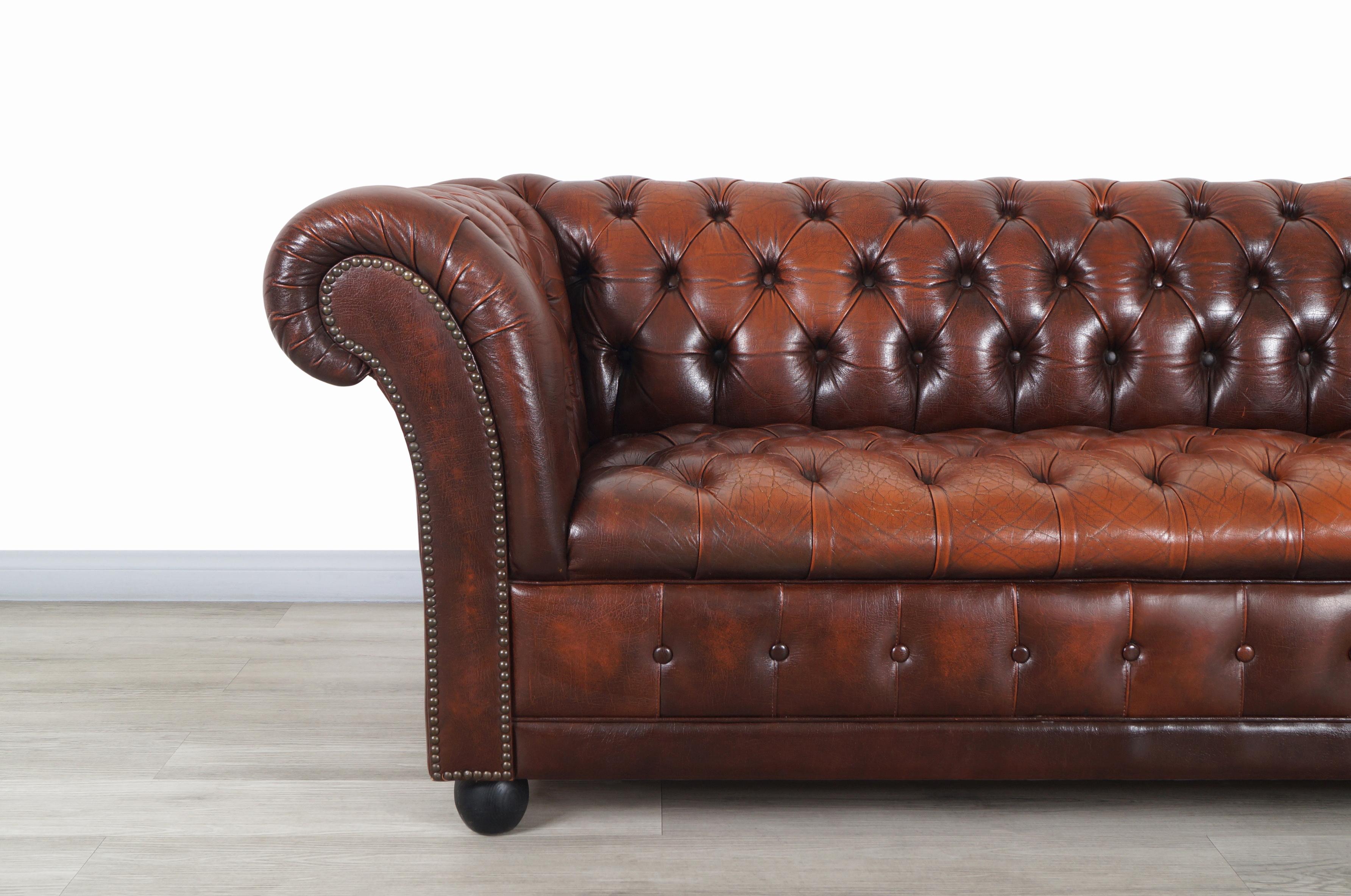 Mid-Century Modern Vintage Brown Leather Chesterfield Sofa