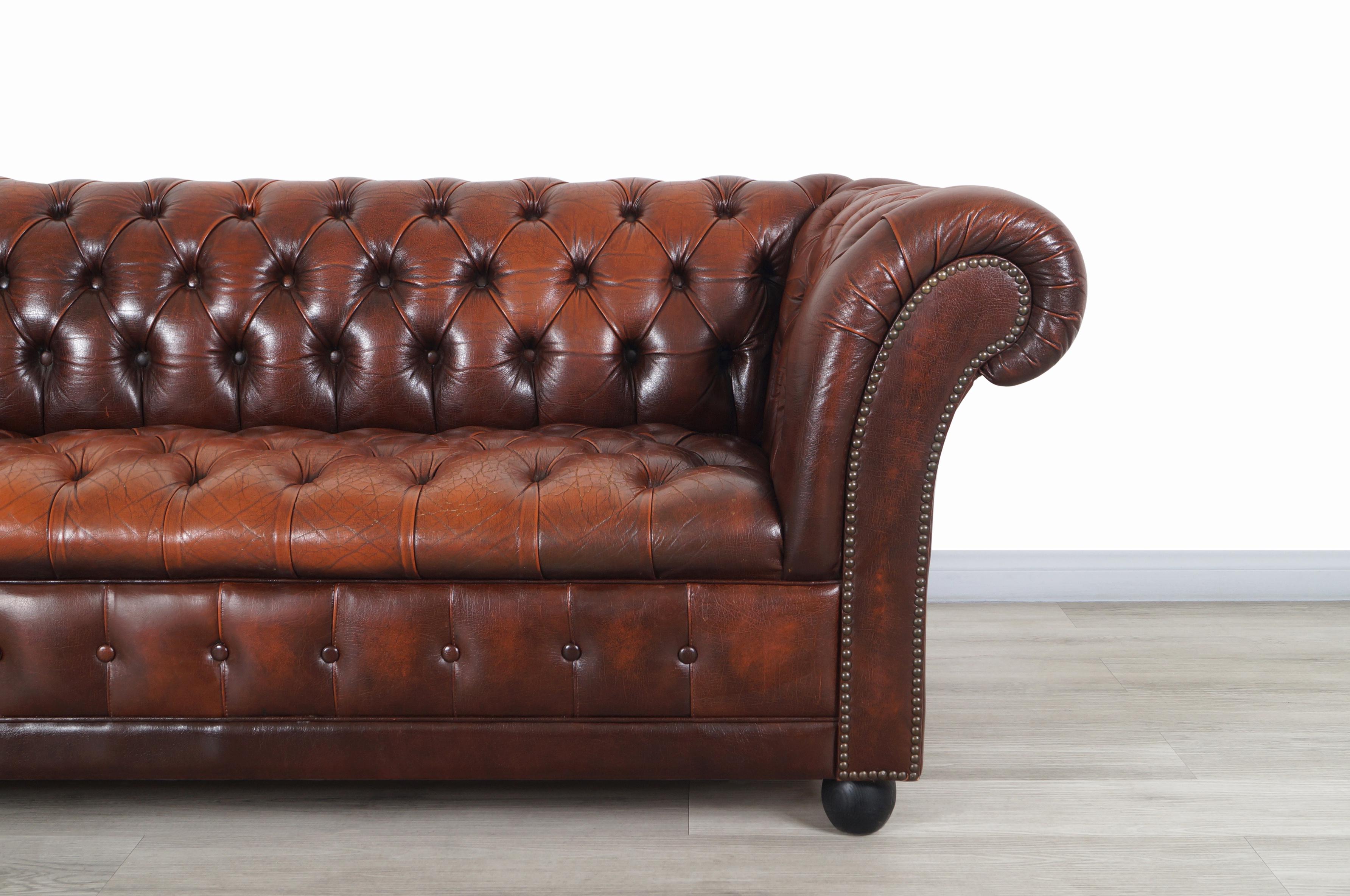 English Vintage Brown Leather Chesterfield Sofa