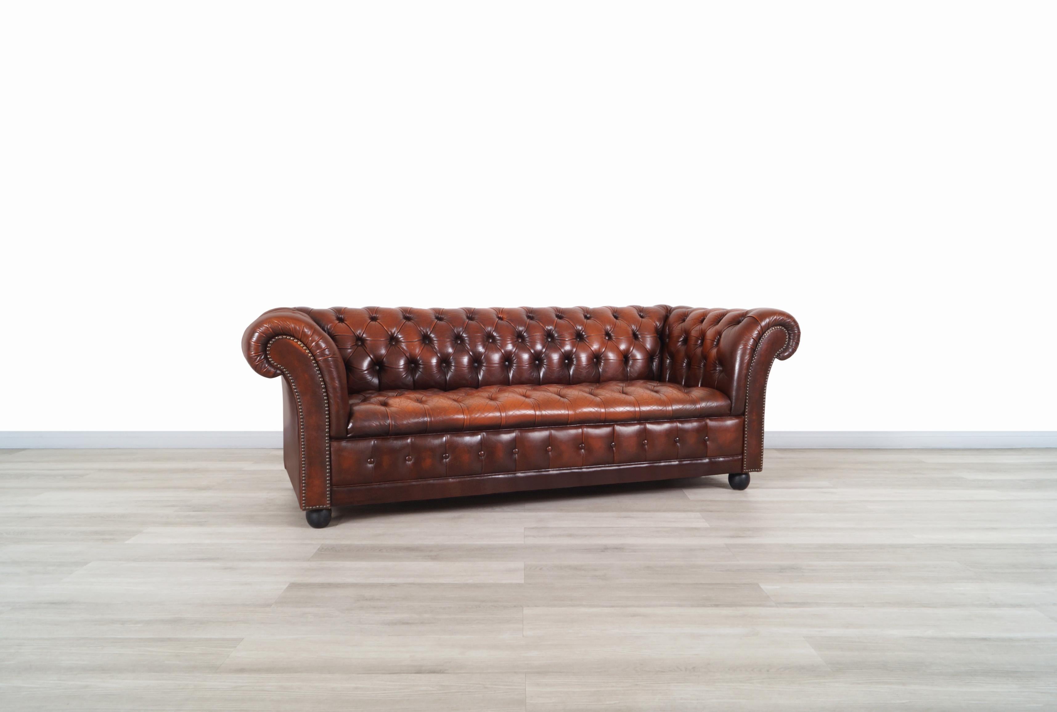 Vintage Brown Leather Chesterfield Sofa In Good Condition In North Hollywood, CA