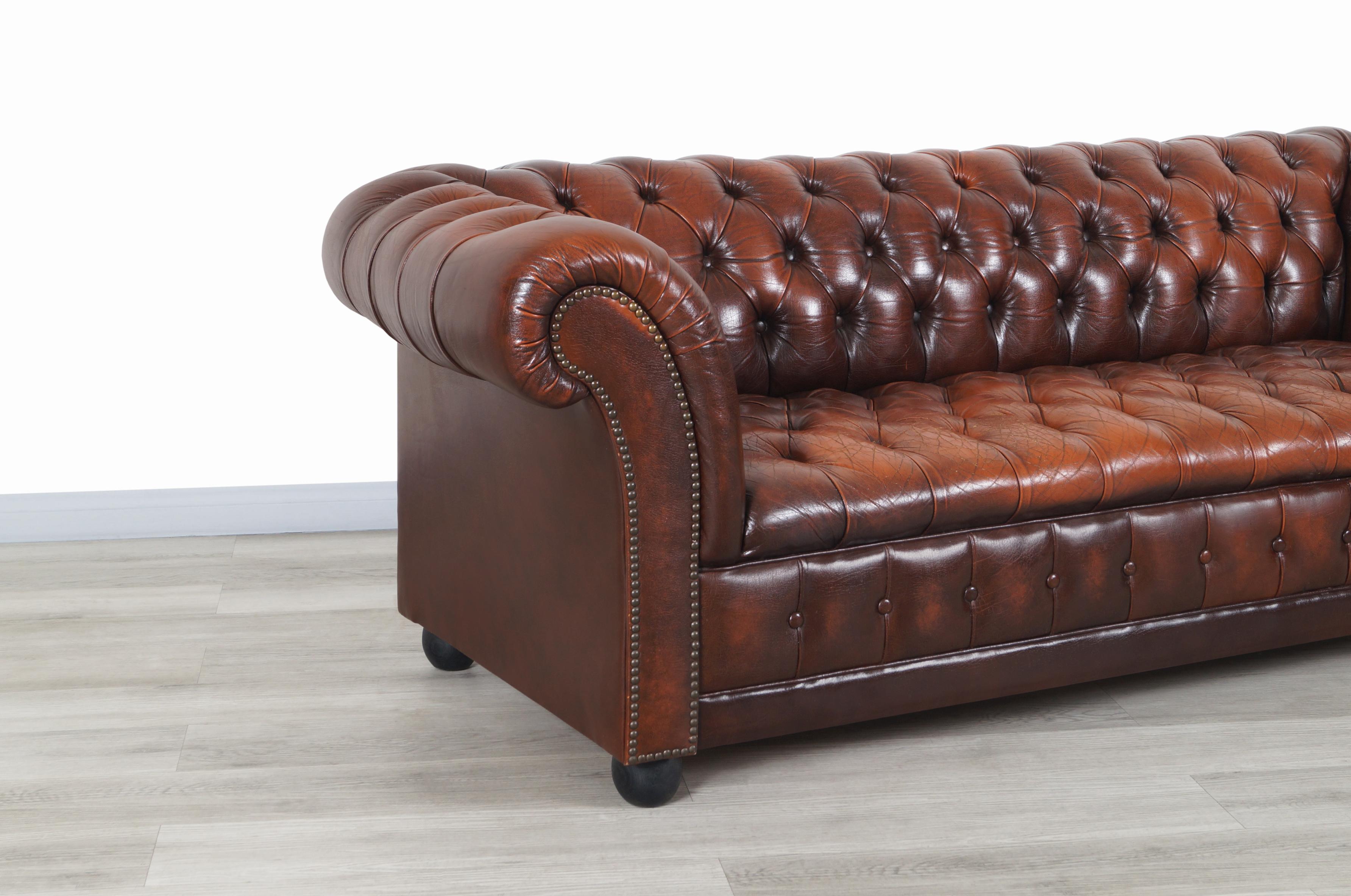 Mid-20th Century Vintage Brown Leather Chesterfield Sofa