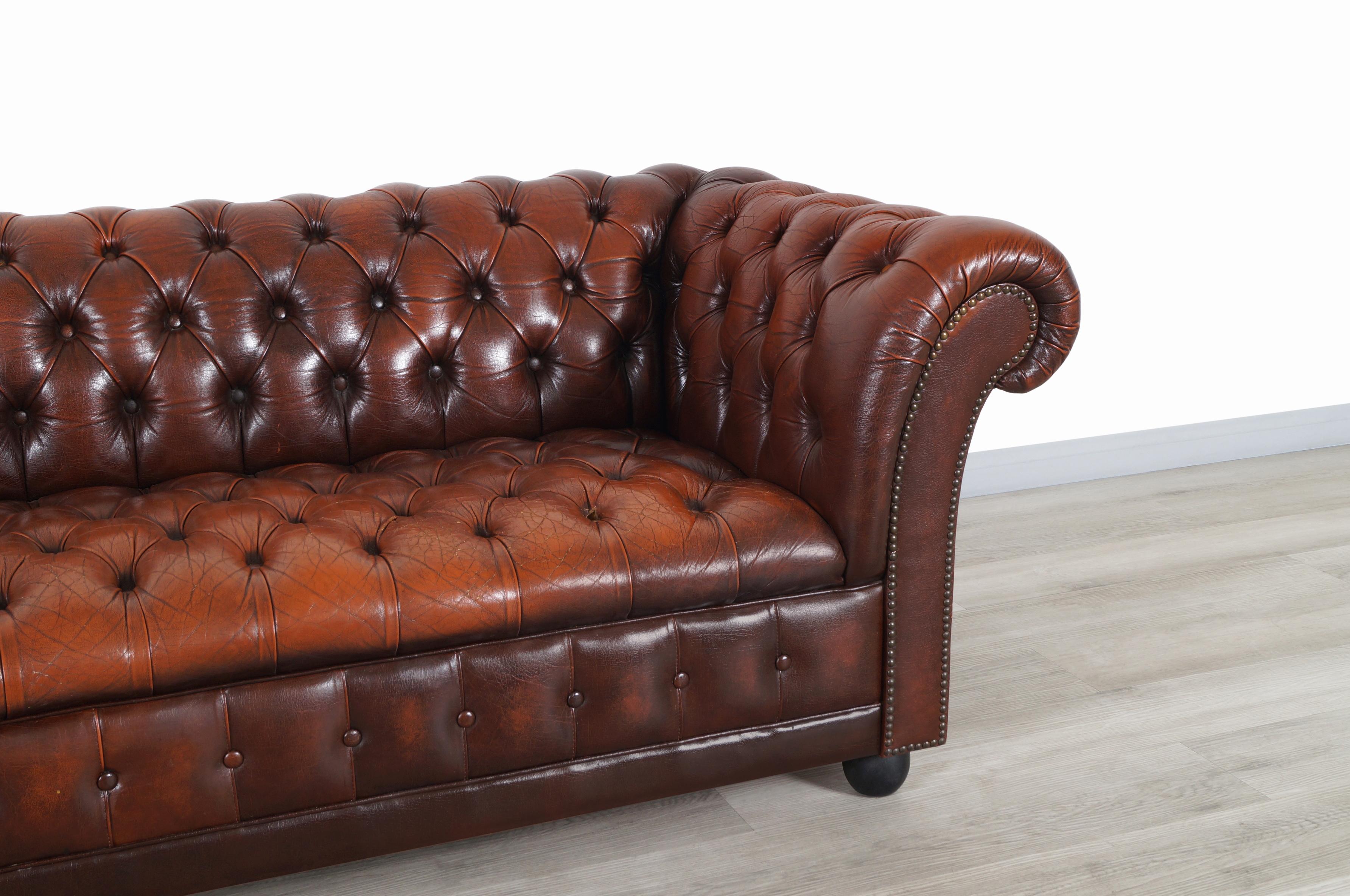 Brass Vintage Brown Leather Chesterfield Sofa