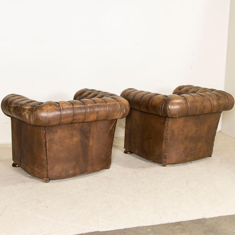 Vintage Brown Leather Chesterfield Sofa and Pair of Chesterfield Club Chairs, En 3