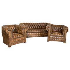 Vintage Brown Leather Chesterfield Sofa and Pair of Chesterfield Club Chairs, En