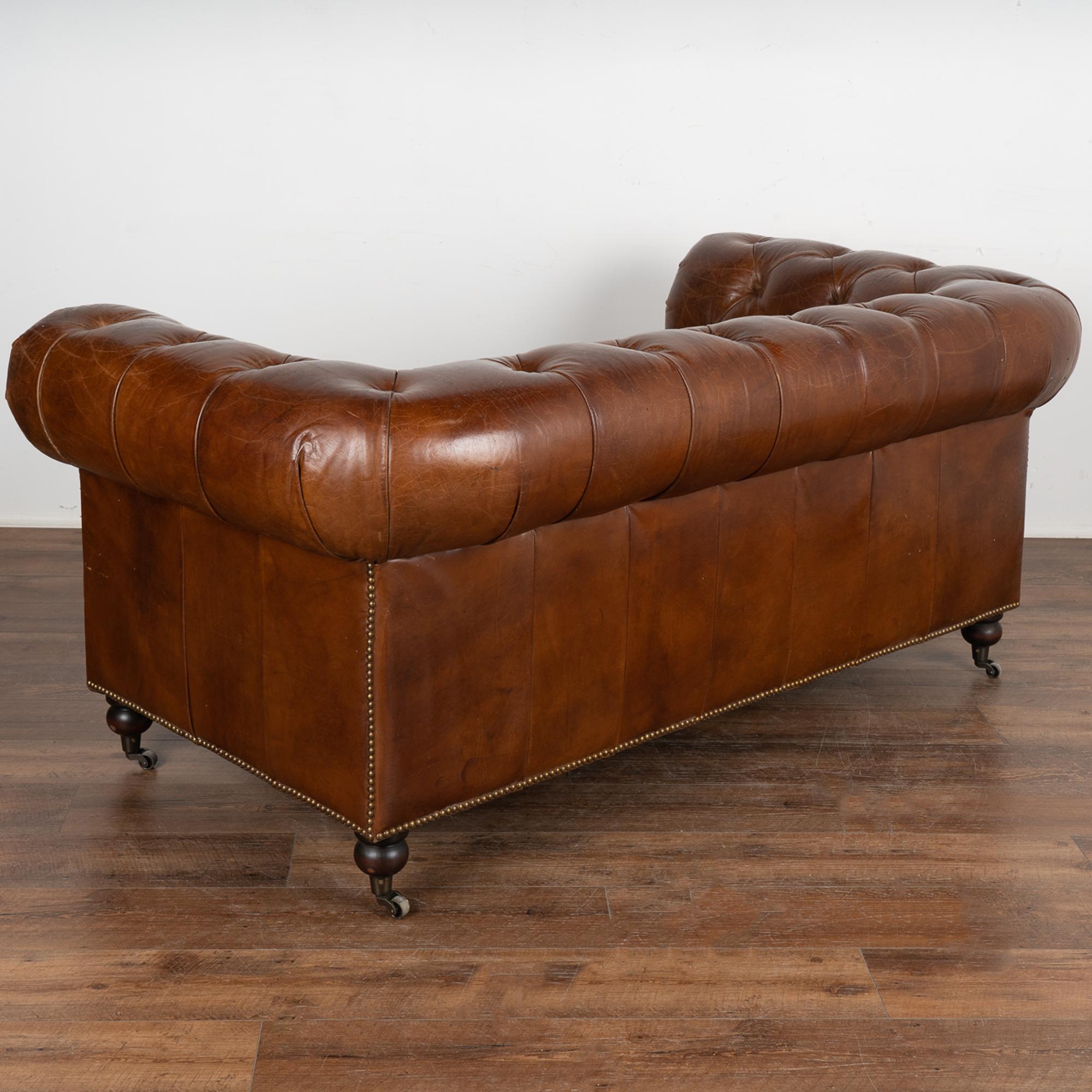 Vintage Brown Leather Chesterfield Two Seat Sofa Loveseat, England circa 1960-80 6