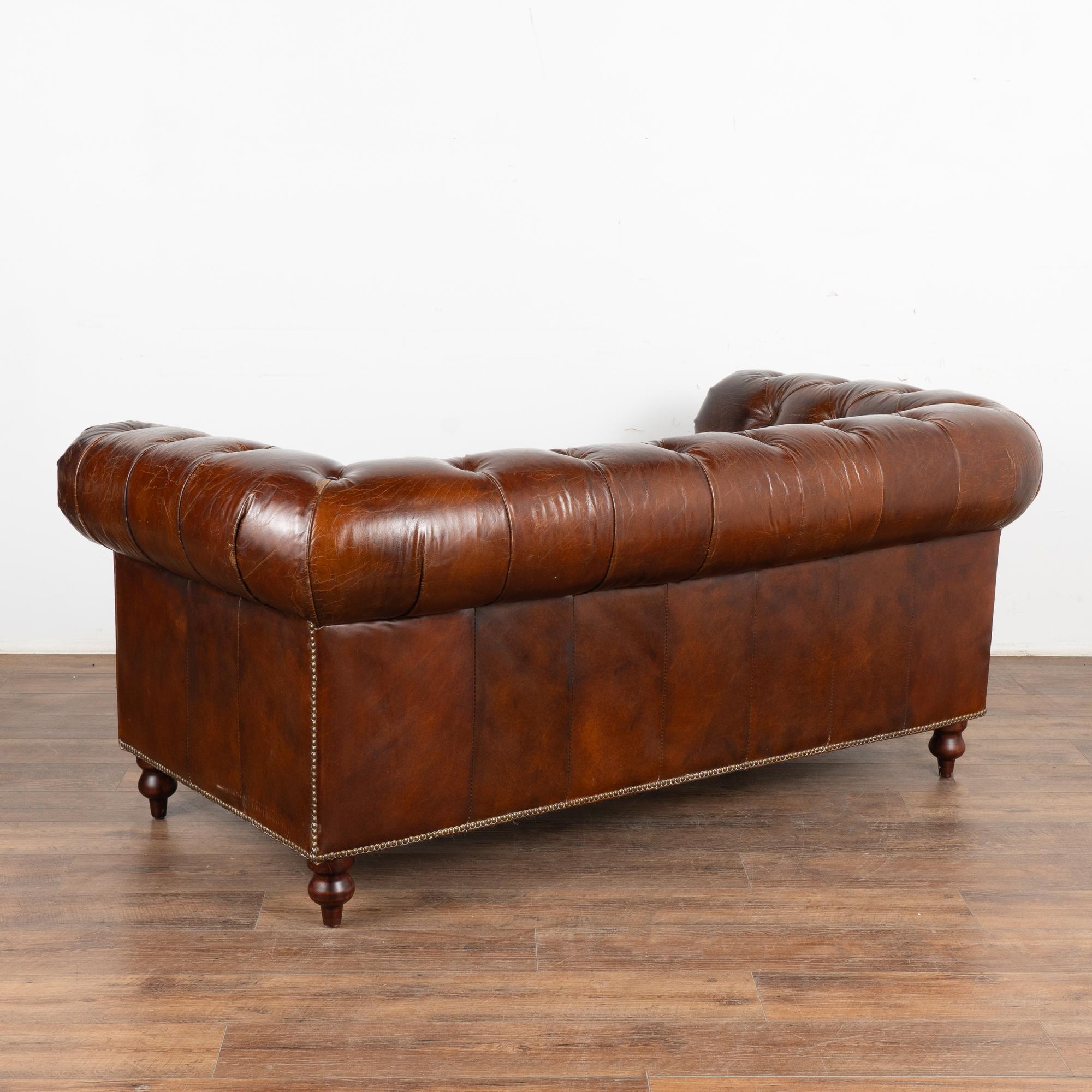 Vintage Brown Leather Chesterfield Two Seat Sofa Loveseat, England ...