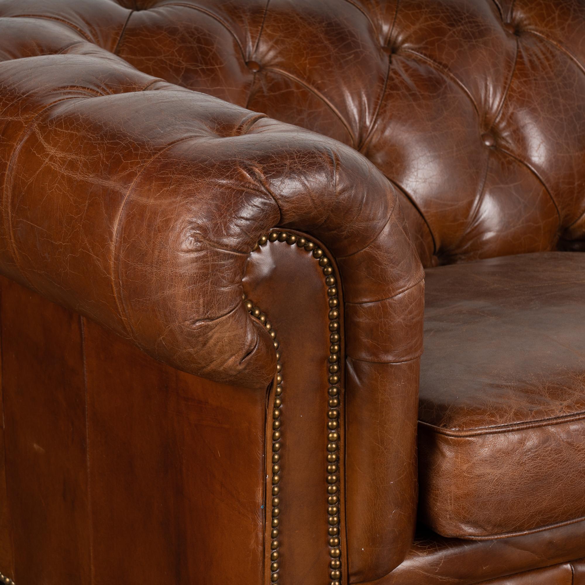 Vintage Brown Leather Chesterfield Two Seat Sofa Loveseat, England circa 1960-80 1