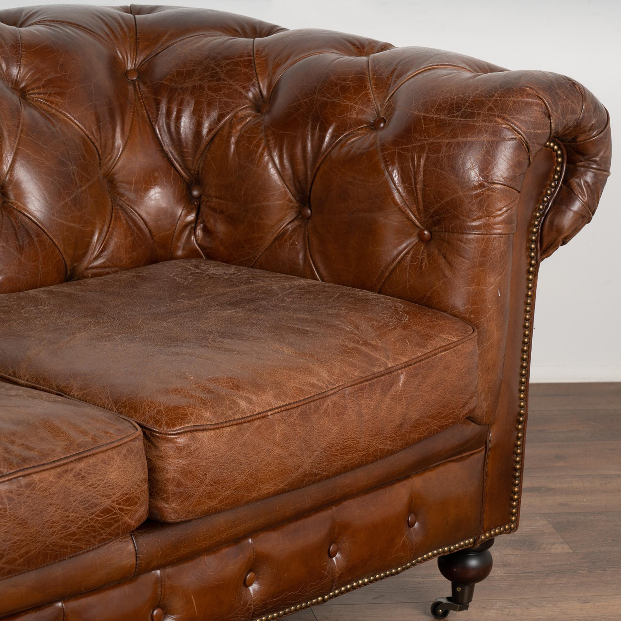 Vintage Brown Leather Chesterfield Two Seat Sofa Loveseat, England circa 1960-80 3