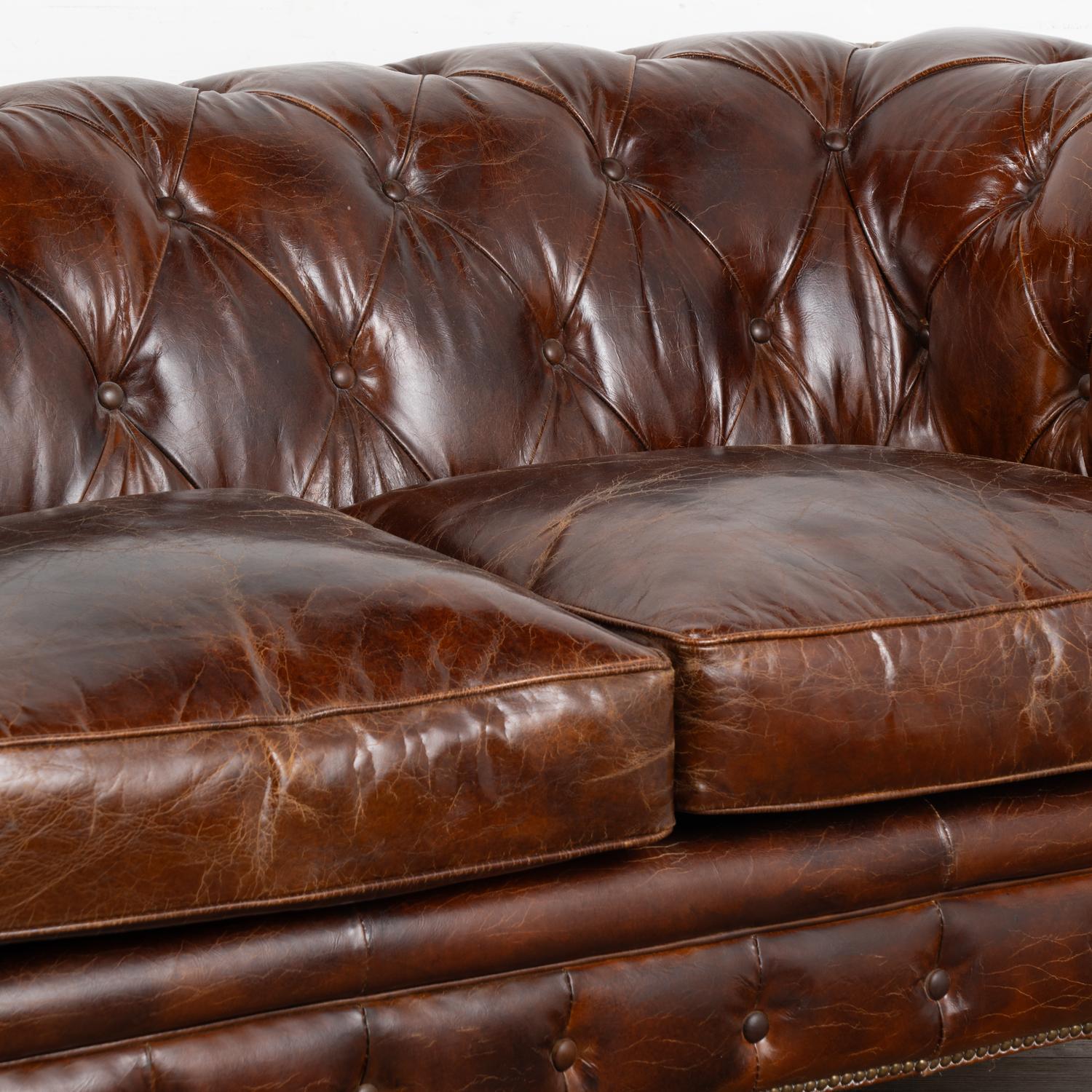 Vintage Brown Leather Chesterfield Two Seat Sofa Loveseat, England ...