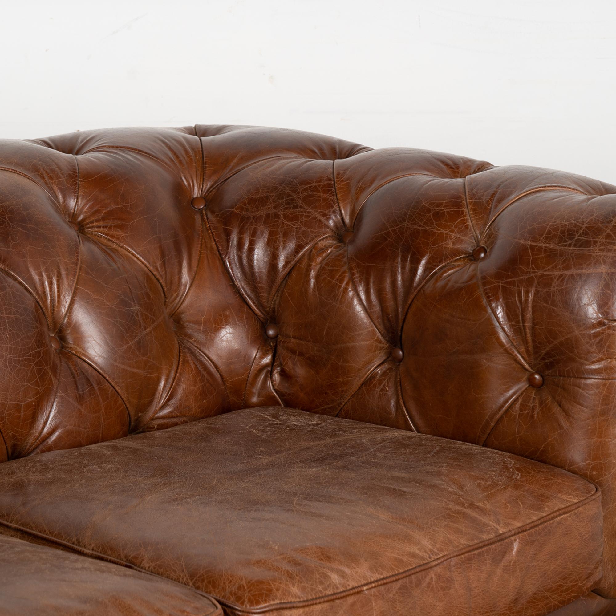 Vintage Brown Leather Chesterfield Two Seat Sofa Loveseat, England circa 1960-80 4