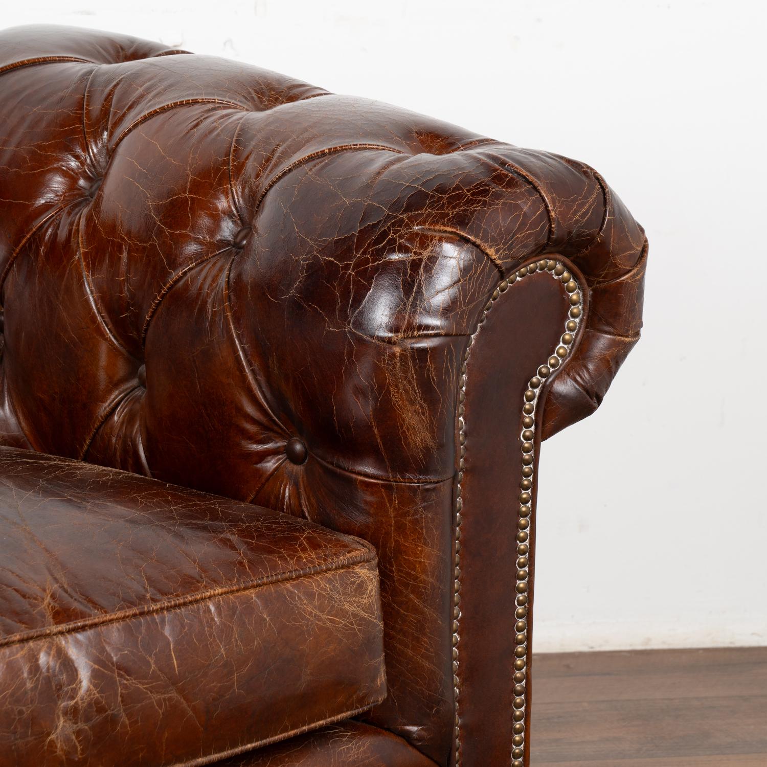 Vintage Brown Leather Chesterfield Two Seat Sofa Loveseat, England ...