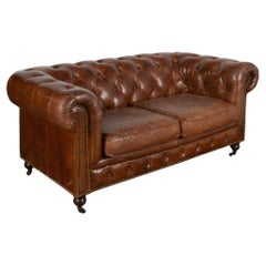 Vintage Brown Leather Chesterfield Two Seat Sofa Loveseat, England circa 1960-80