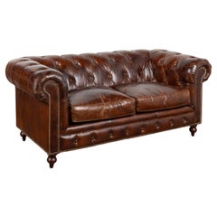 Vintage Brown Leather Chesterfield Two Seat Sofa Loveseat, England circa 1960-80