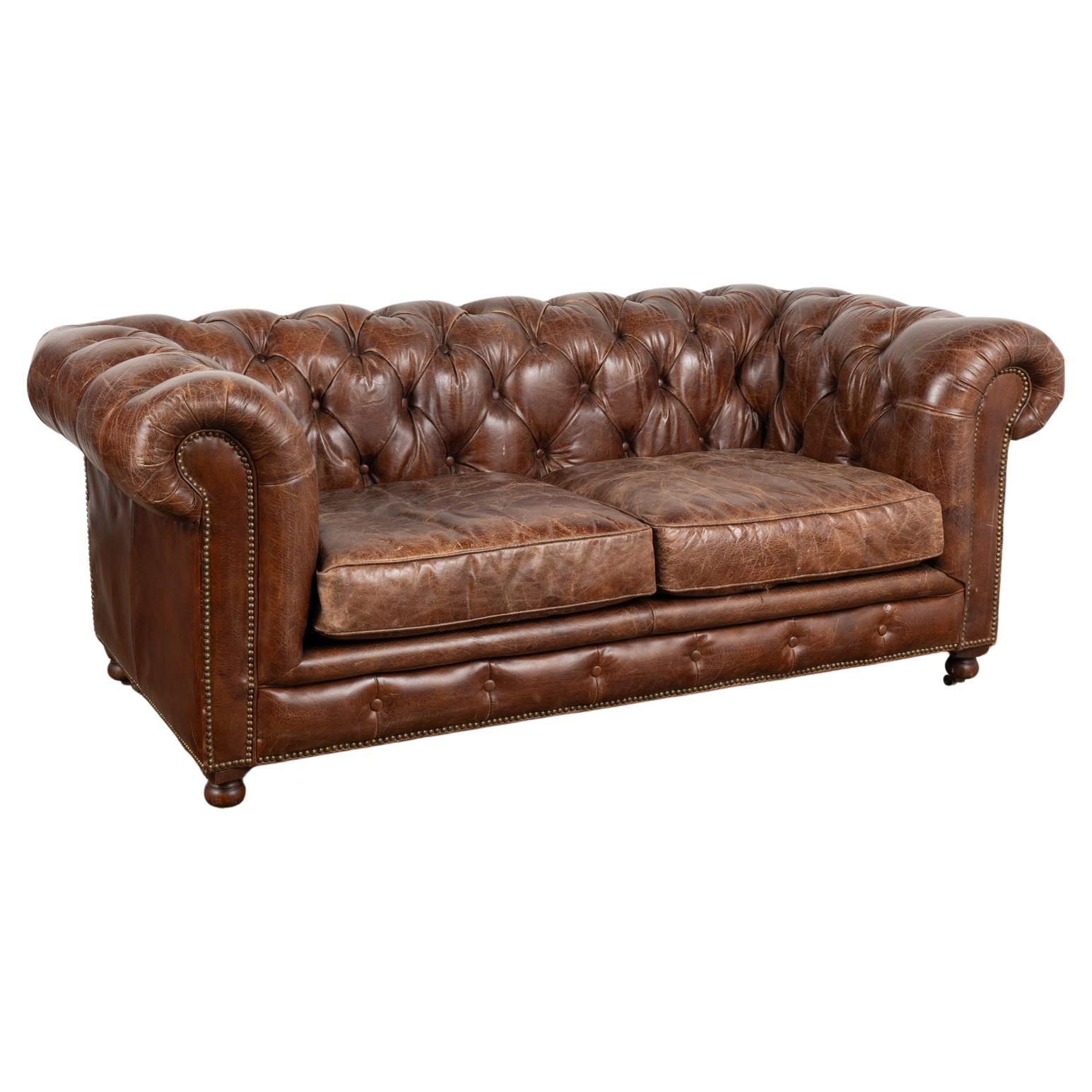 Vintage Brown Leather Chesterfield Two Seat Sofa Loveseat, England Circa 1960-80
