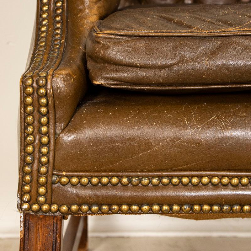 Vintage Brown Leather Chesterfield Wingback Chair from England 7