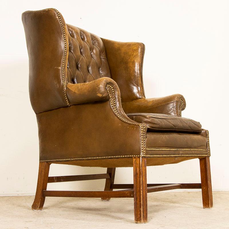 English Vintage Brown Leather Chesterfield Wingback Chair from England