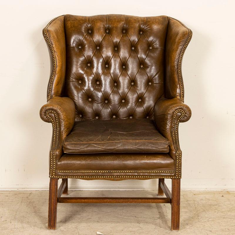 Vintage Brown Leather Chesterfield Wingback Chair from England In Good Condition In Round Top, TX