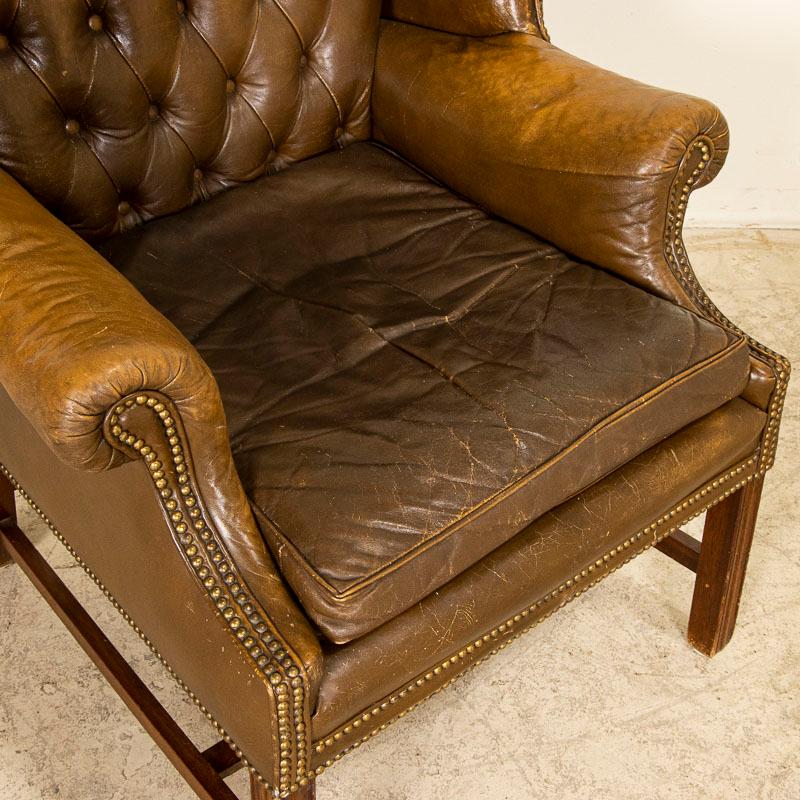 Vintage Brown Leather Chesterfield Wingback Chair from England 1