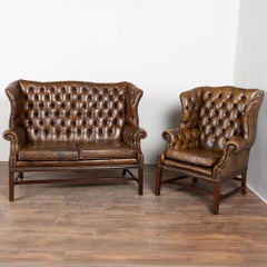 Vintage Brown Leather Chesterfield Wingback Loveseat and Club Chair