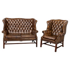 Vintage Brown Leather Chesterfield Wingback Loveseat and Club Chair