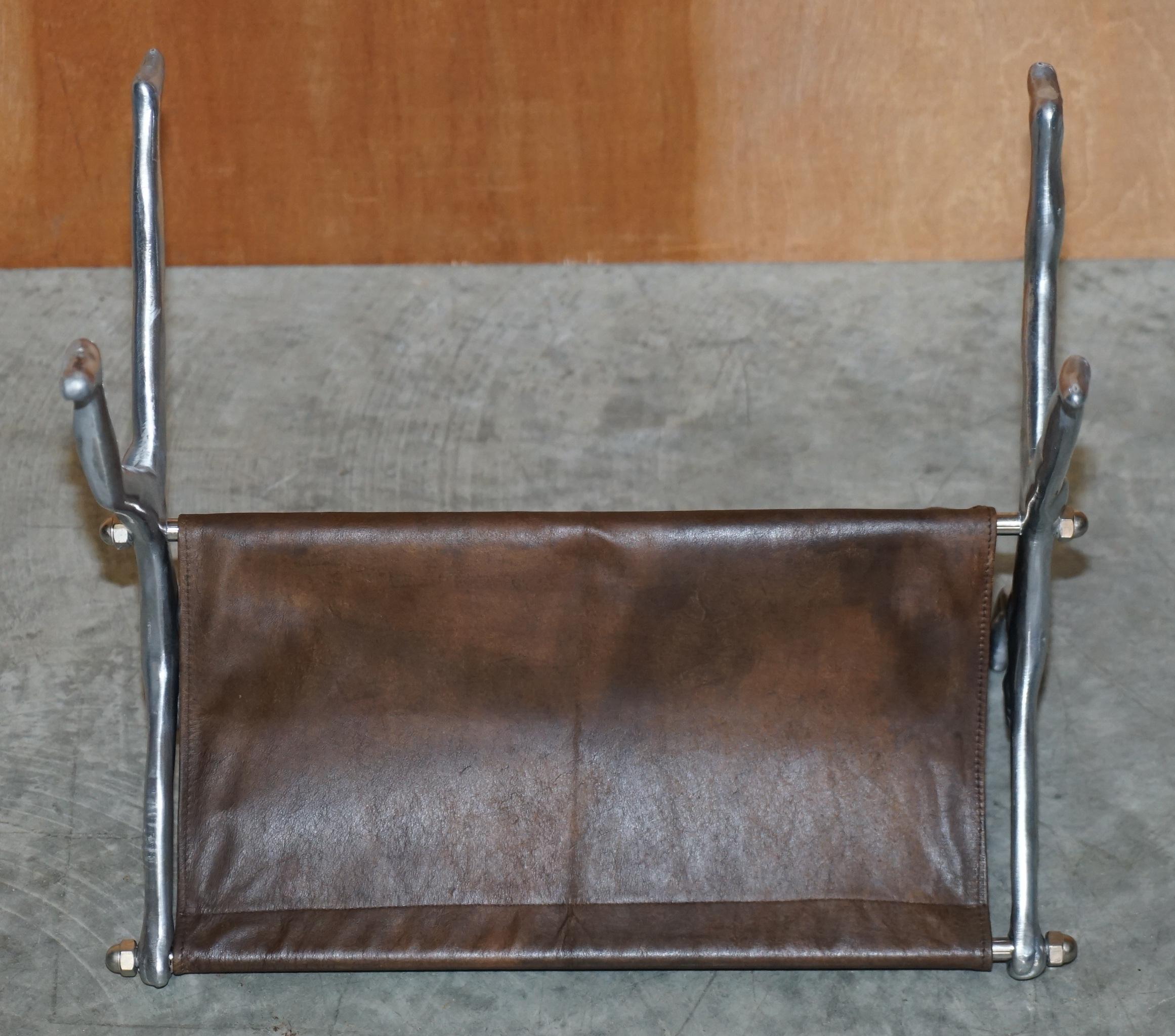 Vintage Brown Leather & Chrome Carrol Boyes Magazine Newspaper Rack Standing Men In Good Condition In West Sussex, Pulborough