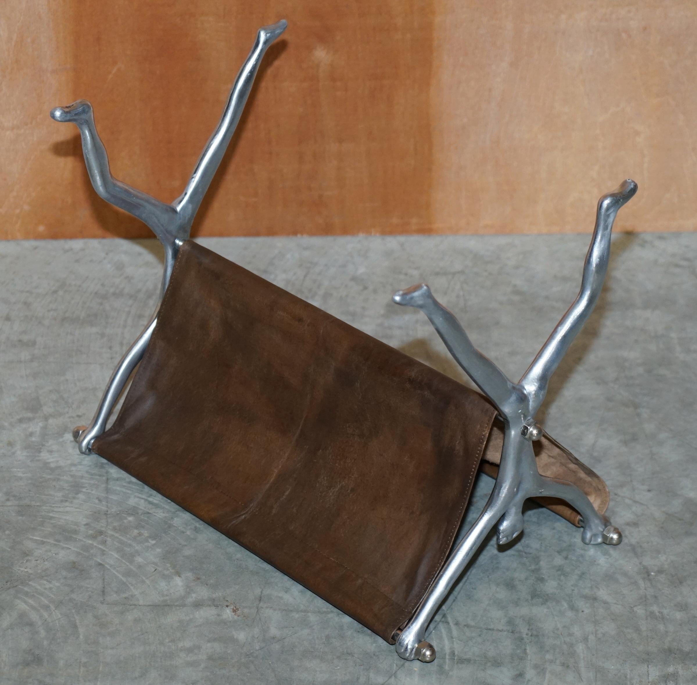 20th Century Vintage Brown Leather & Chrome Carrol Boyes Magazine Newspaper Rack Standing Men