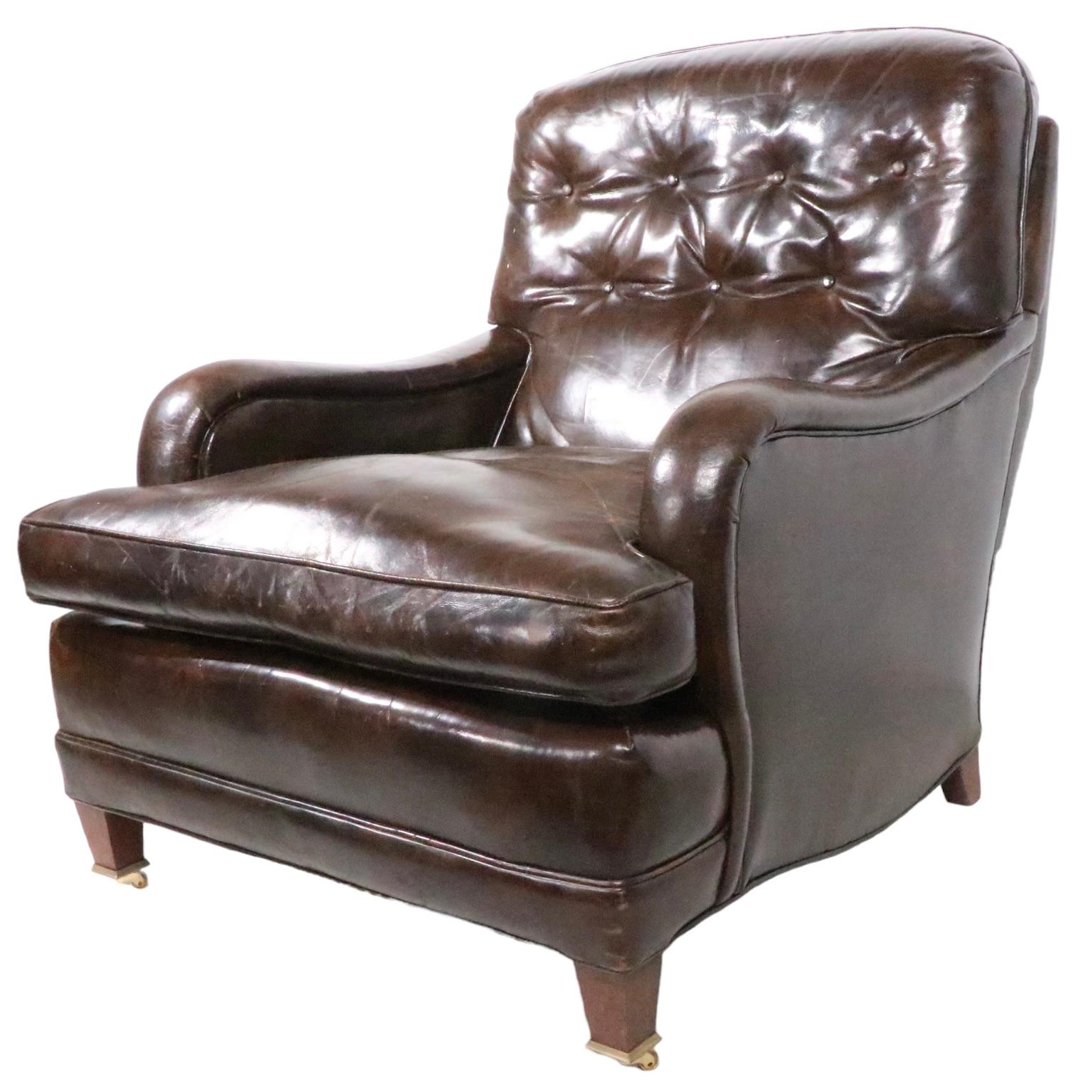 Brass Vintage Brown Leather Club Chair and Ottoman 