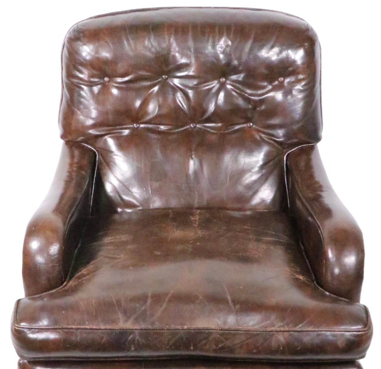 American Vintage Brown Leather Club Chair and Ottoman 