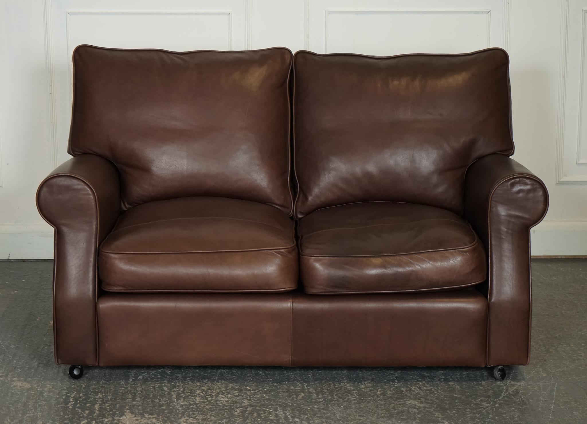 British VINTAGE BROWN LEATHER COLLINS & HAYES TWO TO TRHEE SEATER SOFA FEATHER FiLLED