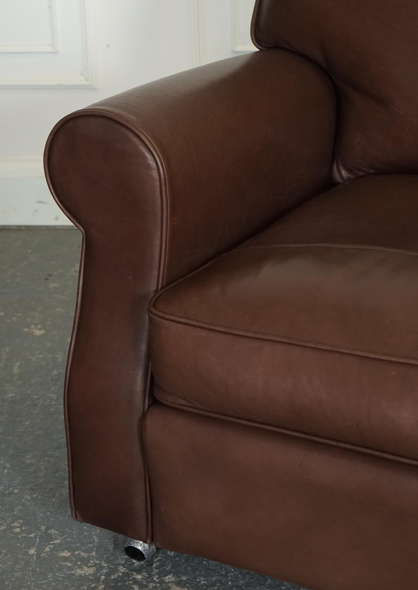 20th Century VINTAGE BROWN LEATHER COLLINS & HAYES TWO TO TRHEE SEATER SOFA FEATHER FiLLED