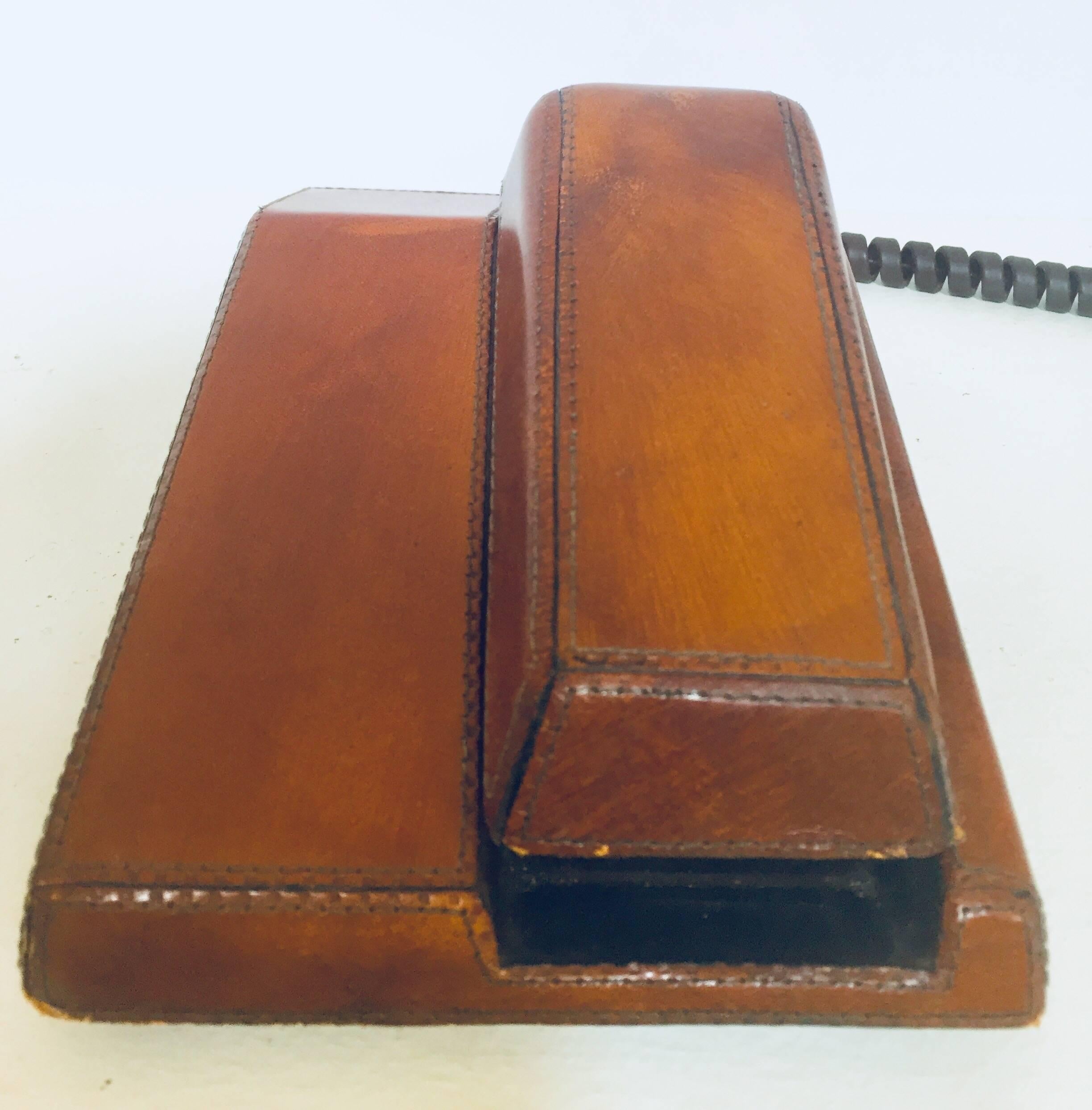 American Vintage Brown Leather Covered and Hand-Stitched Telephone by Contempra, 1970s