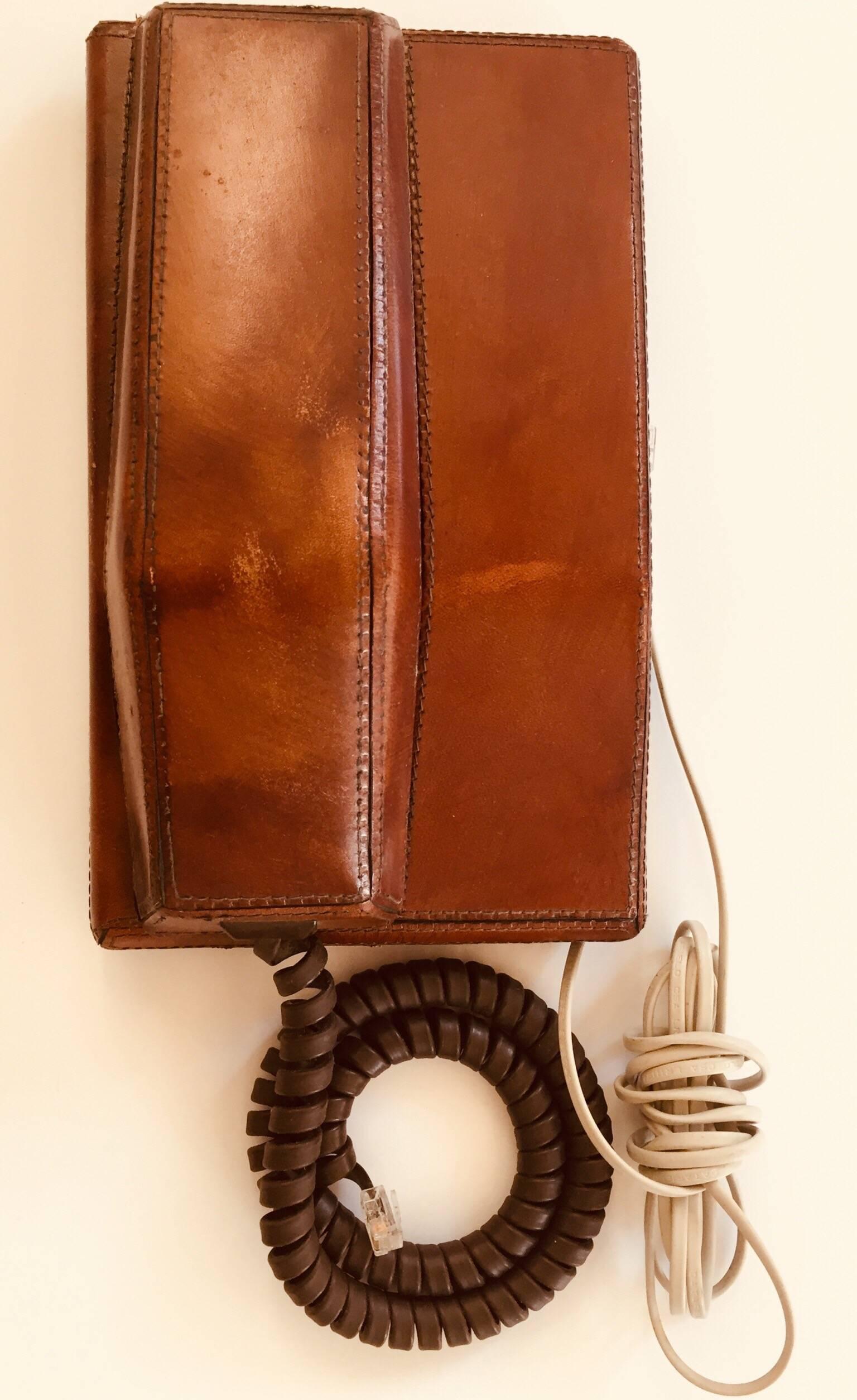 Vintage Brown Leather Covered and Hand-Stitched Telephone by Contempra, 1970s 2