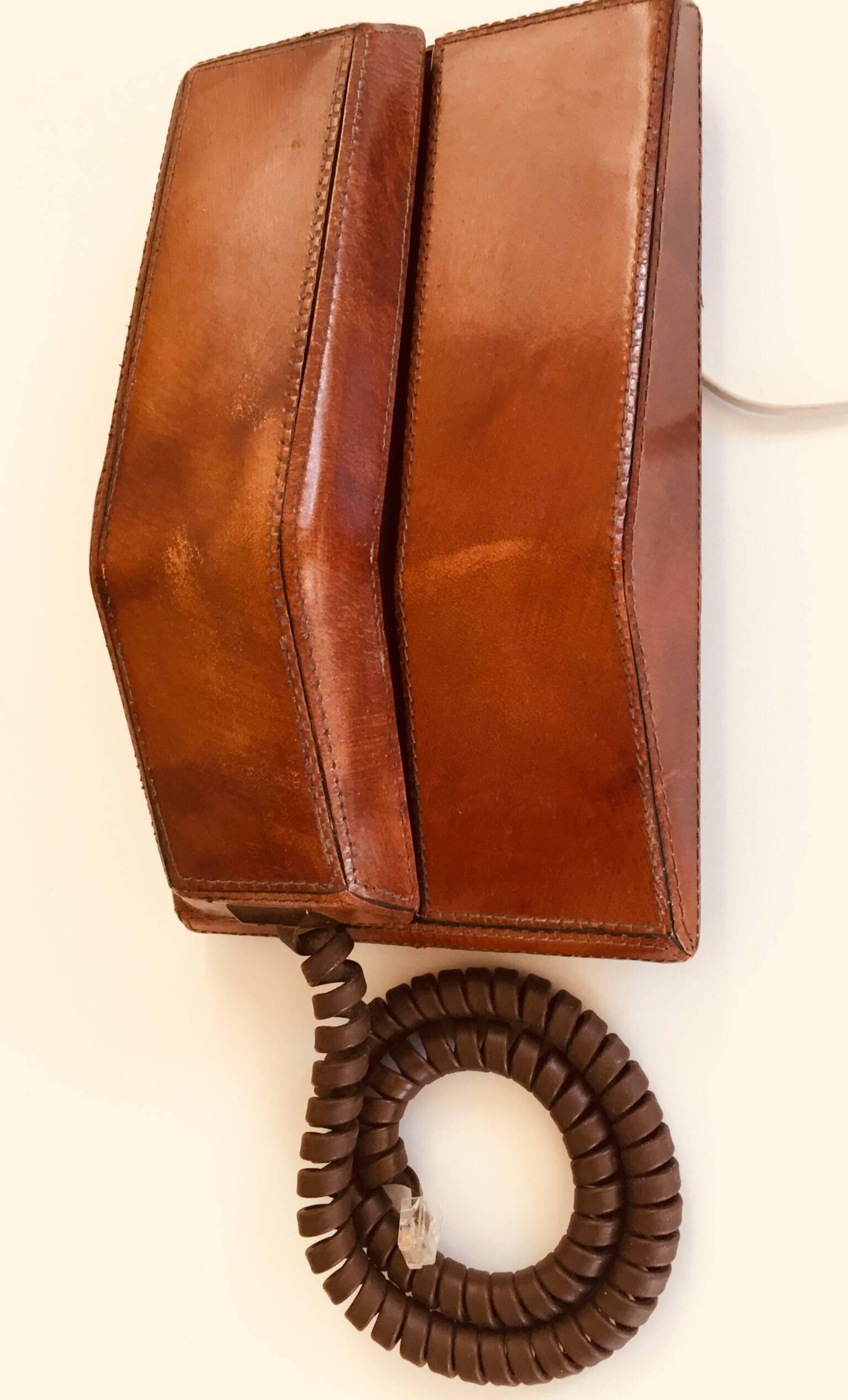 Vintage Brown Leather Covered and Hand-Stitched Telephone by Contempra, 1970s 3