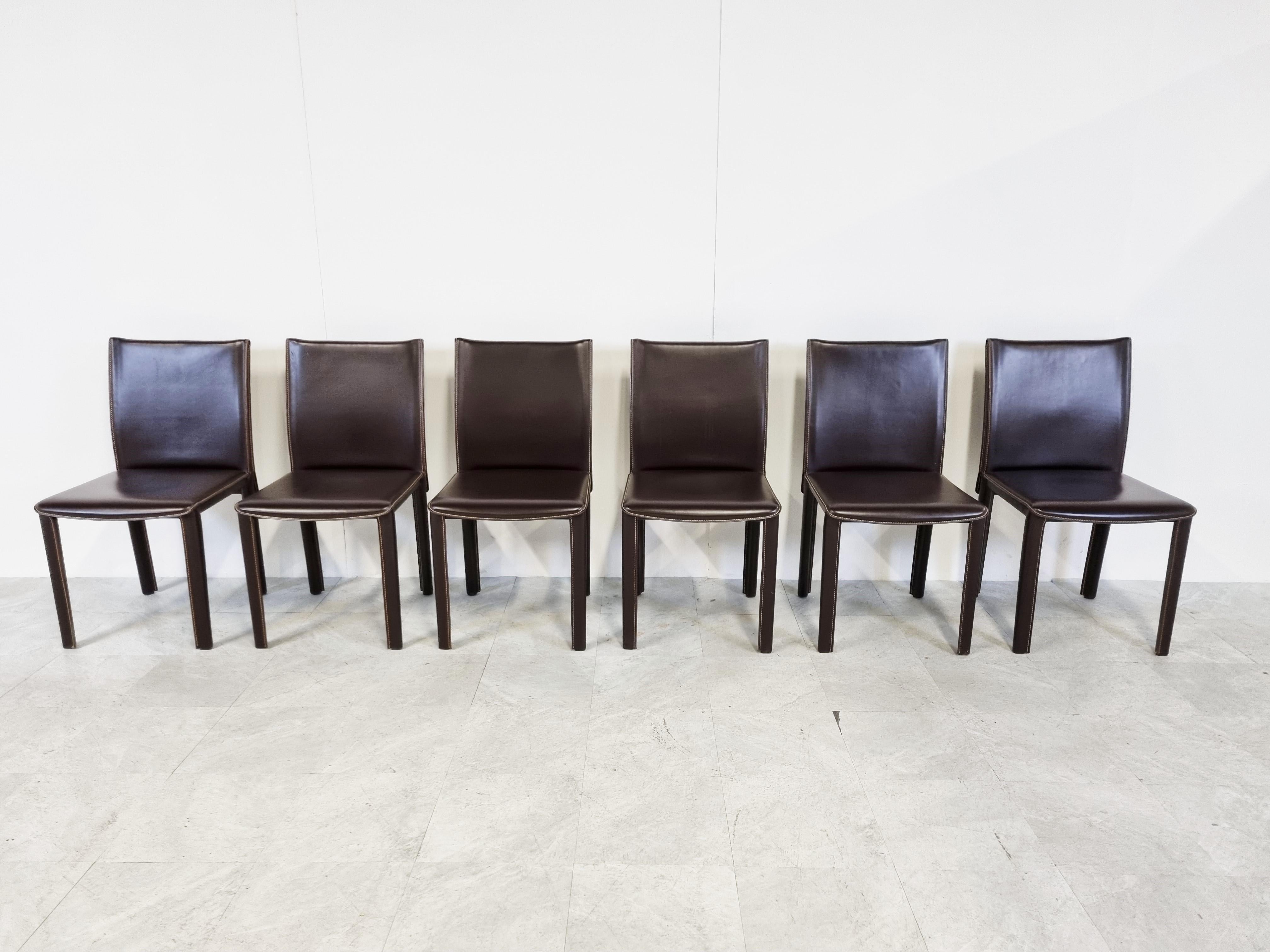Italian Vintage Brown Leather Dining Chairs by Arper Italy, 1980s