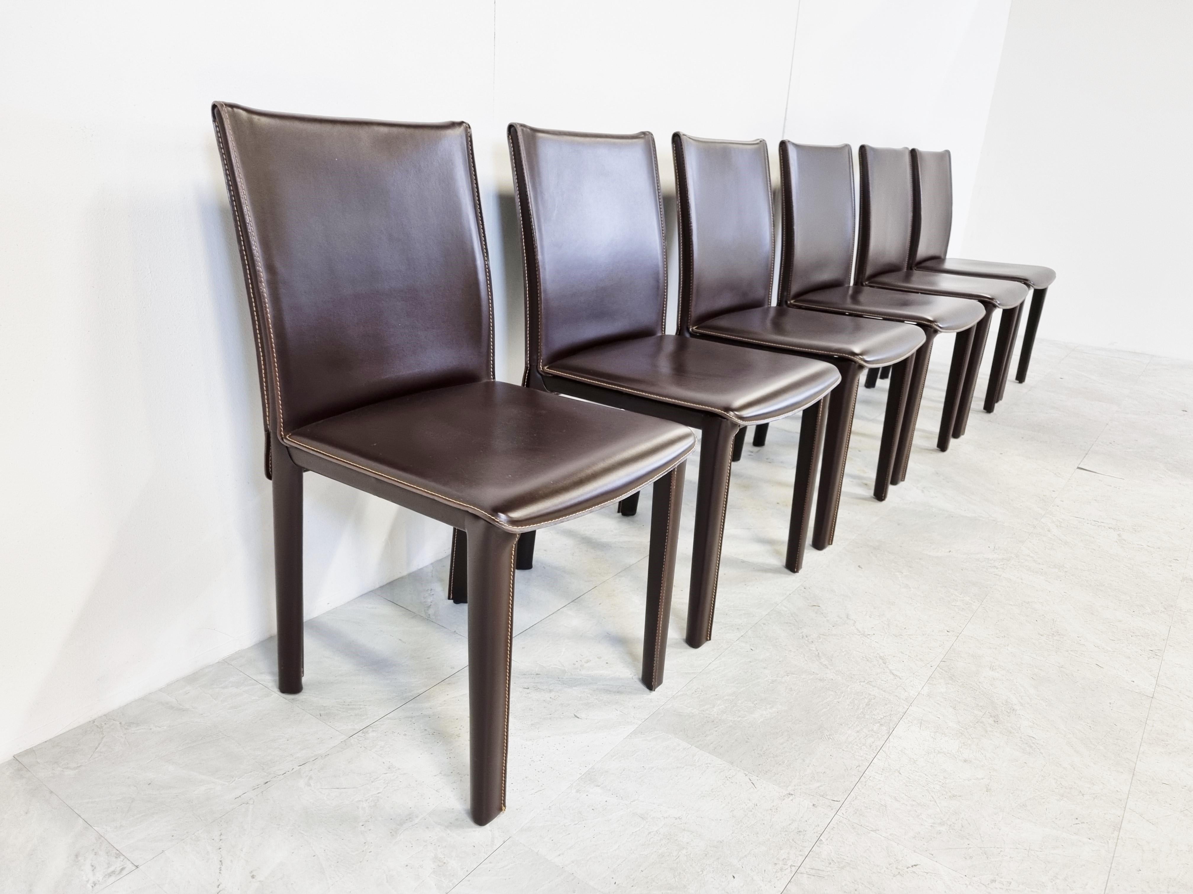 Vintage Brown Leather Dining Chairs by Arper Italy, 1980s In Good Condition In HEVERLEE, BE