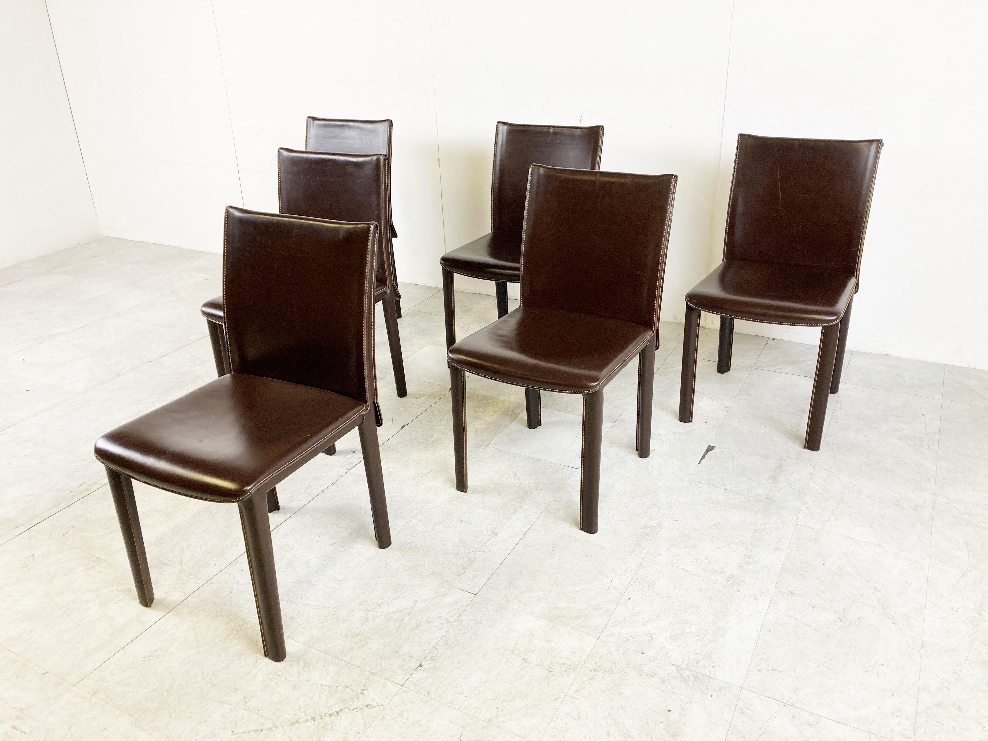 Italian Vintage Brown Leather Dining Chairs by Arper, Italy, 1980s