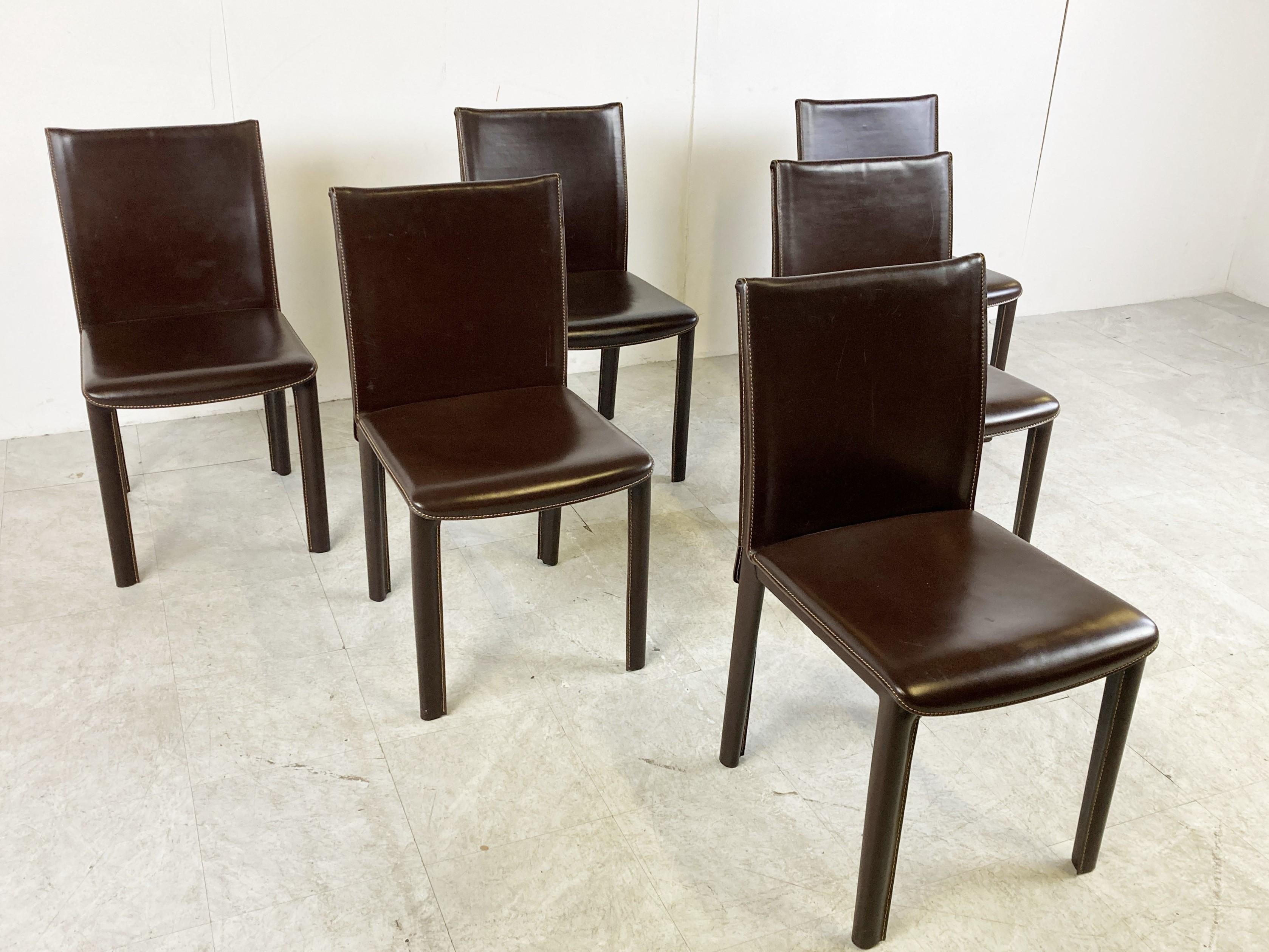 Vintage Brown Leather Dining Chairs by Arper, Italy, 1980s In Good Condition In HEVERLEE, BE
