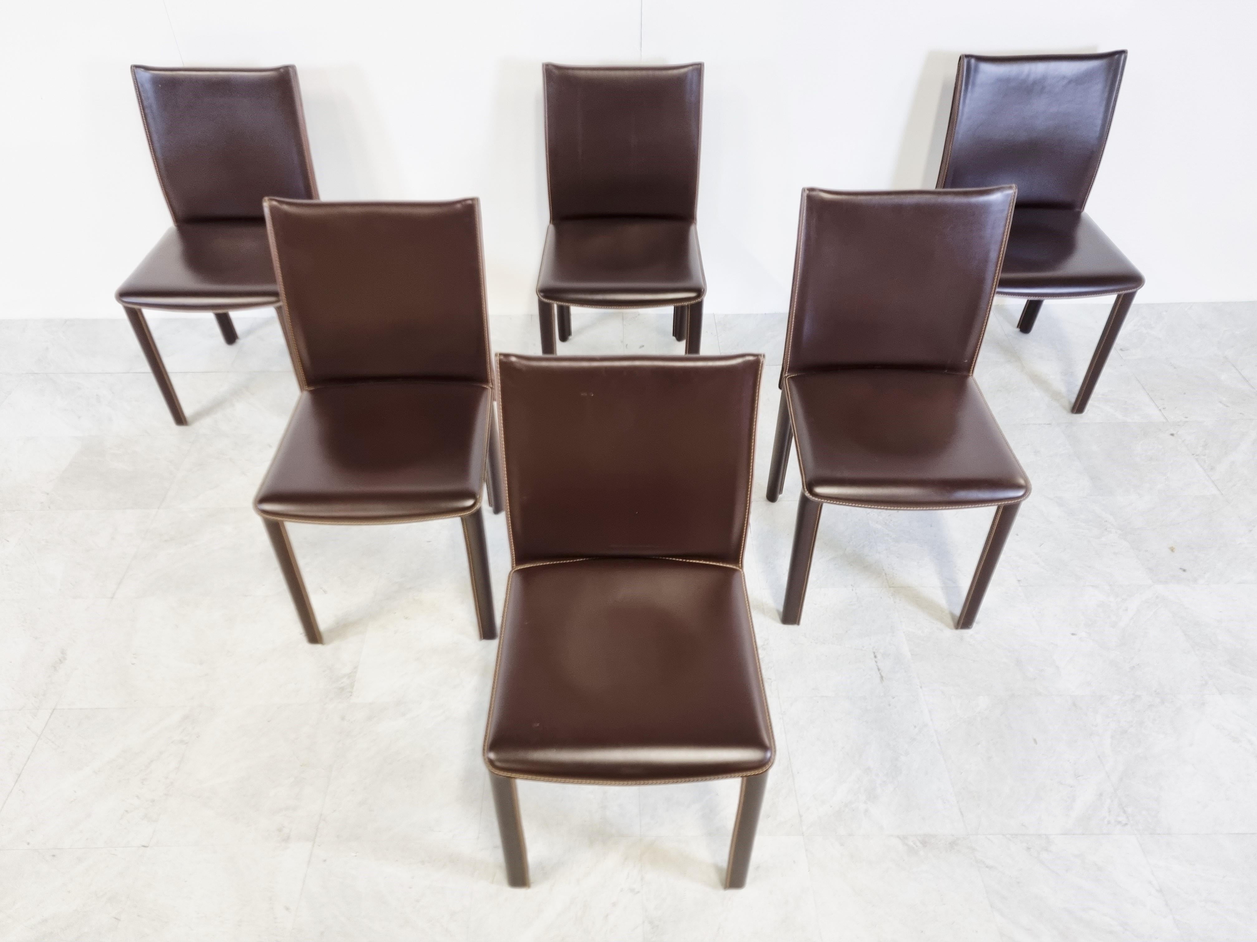 Vintage Brown Leather Dining Chairs by Arper Italy, 1980s 1