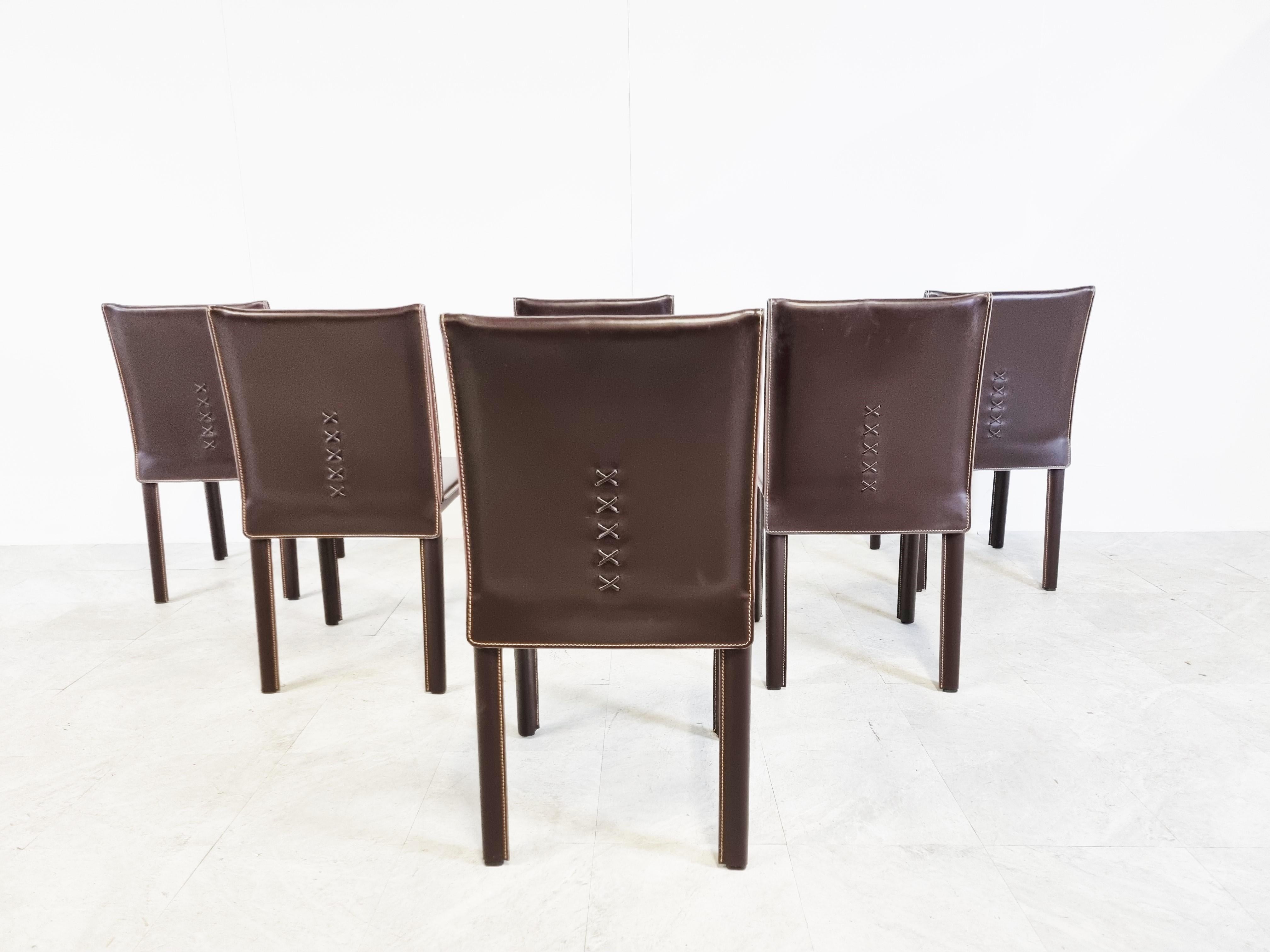 Vintage Brown Leather Dining Chairs by Arper Italy, 1980s 2