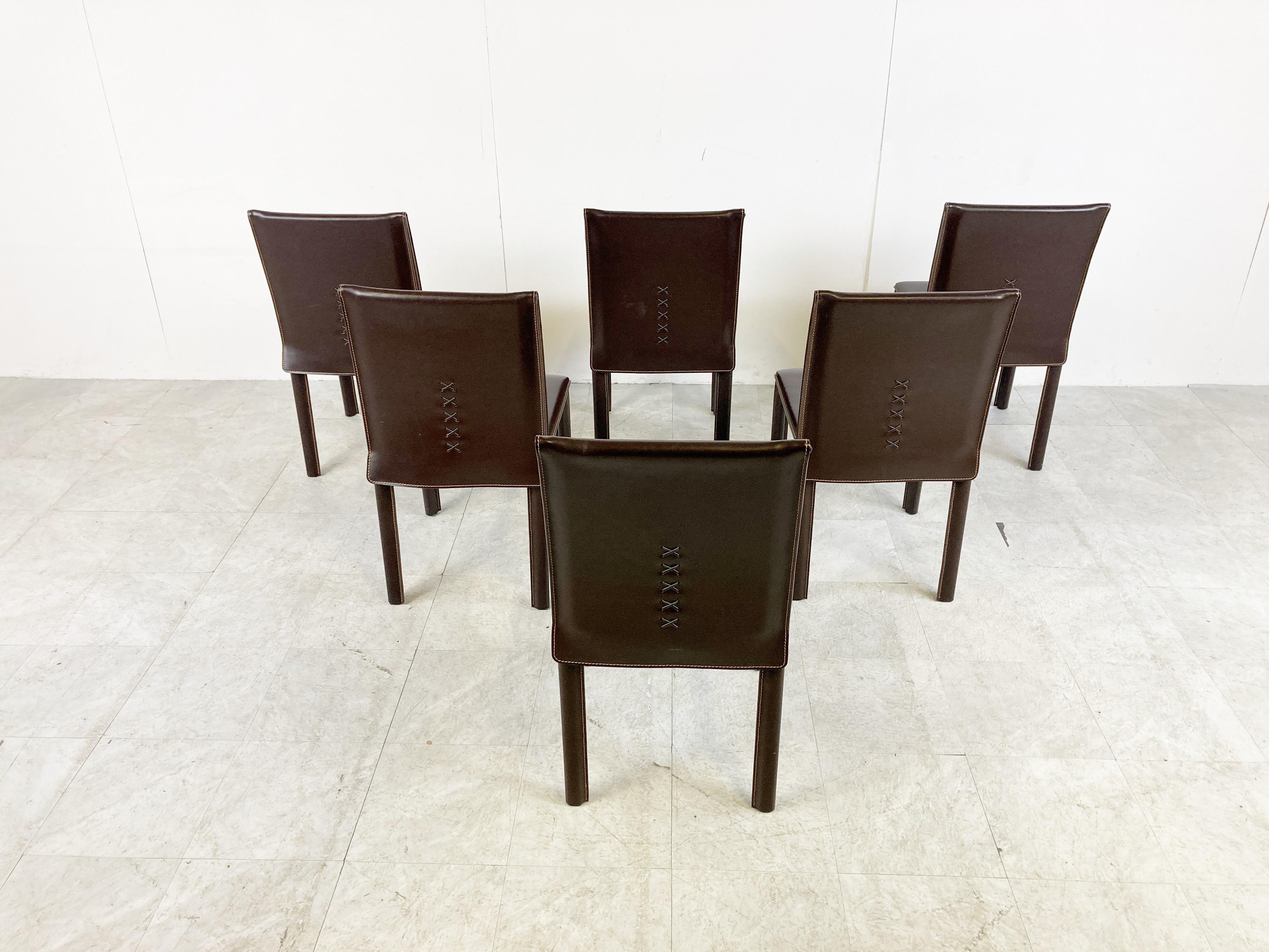 Vintage Brown Leather Dining Chairs by Arper, Italy, 1980s 1