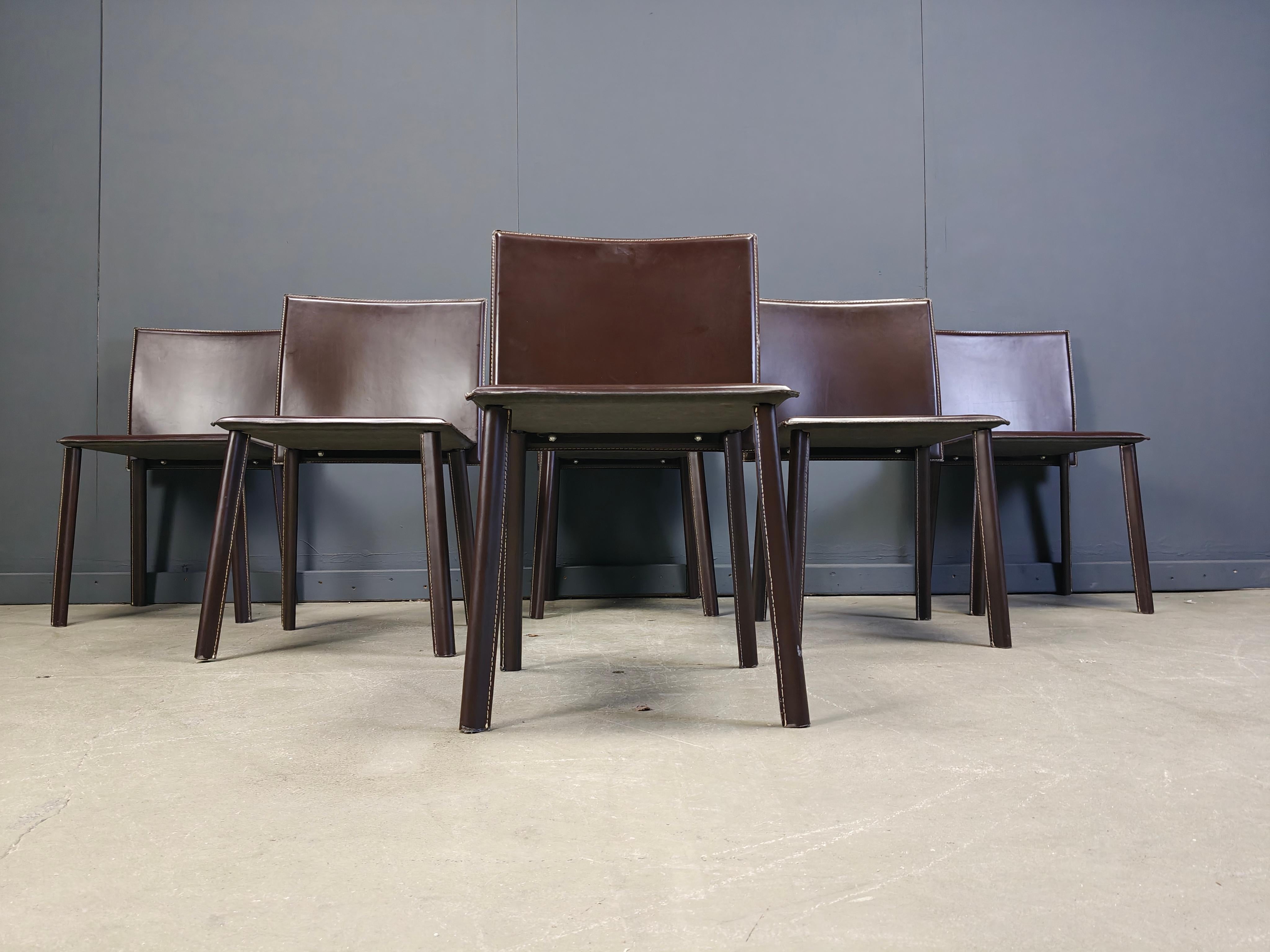 Esstischstühle aus braunem Leder, 6er Set, 1980er Jahre im Angebot 4