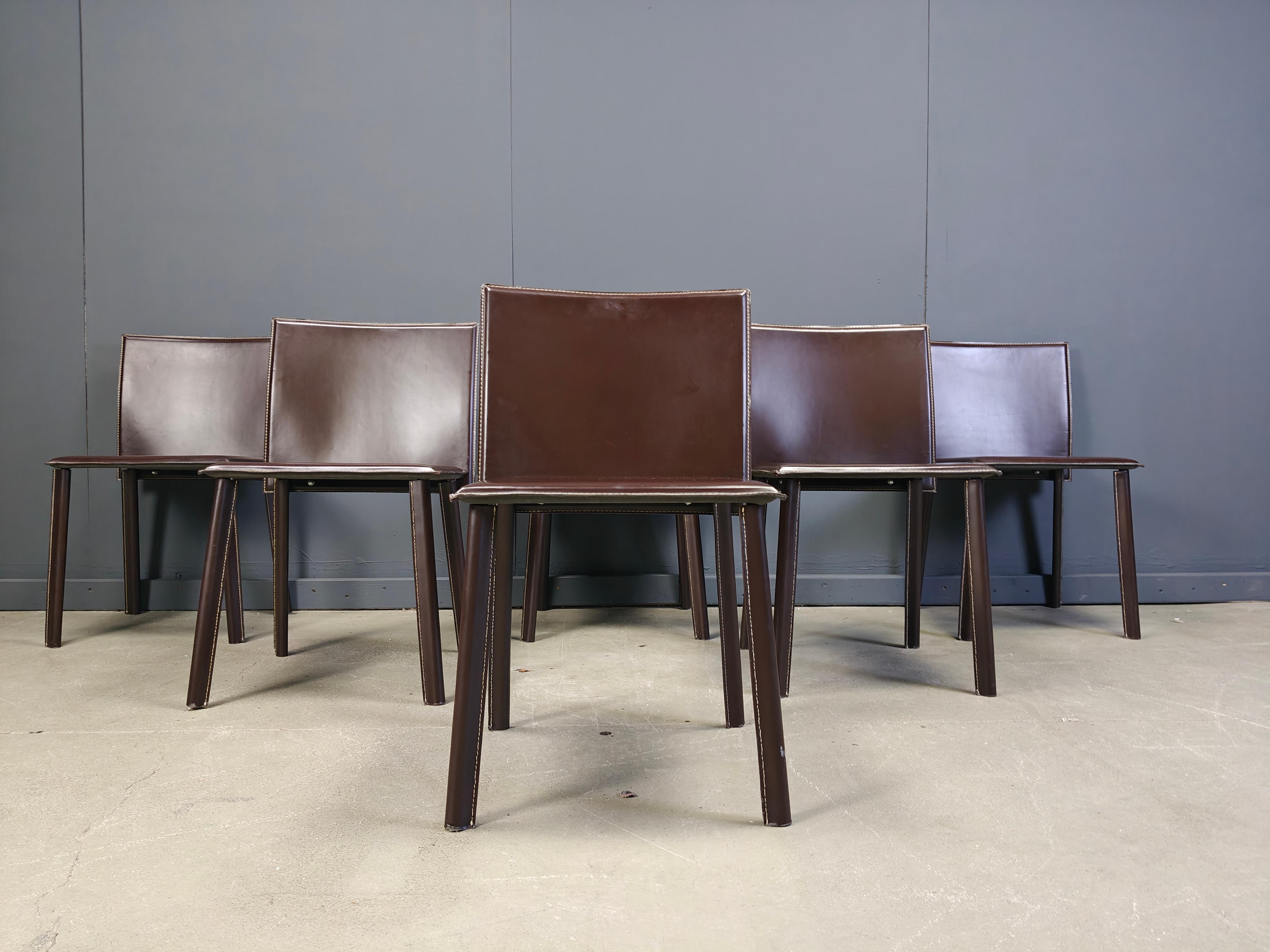 Esstischstühle aus braunem Leder, 6er Set, 1980er Jahre im Angebot 5