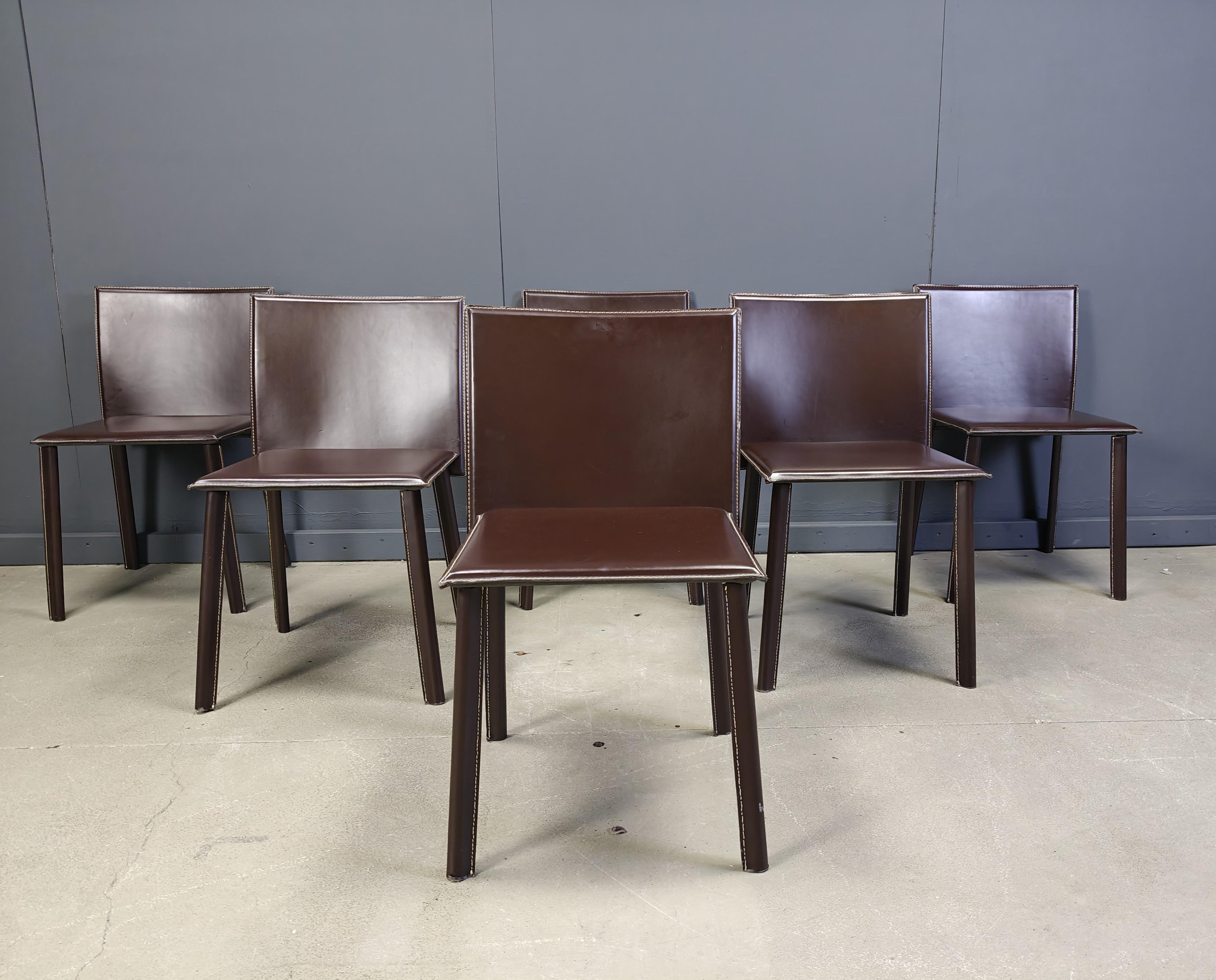 Esstischstühle aus braunem Leder, 6er Set, 1980er Jahre im Angebot 6