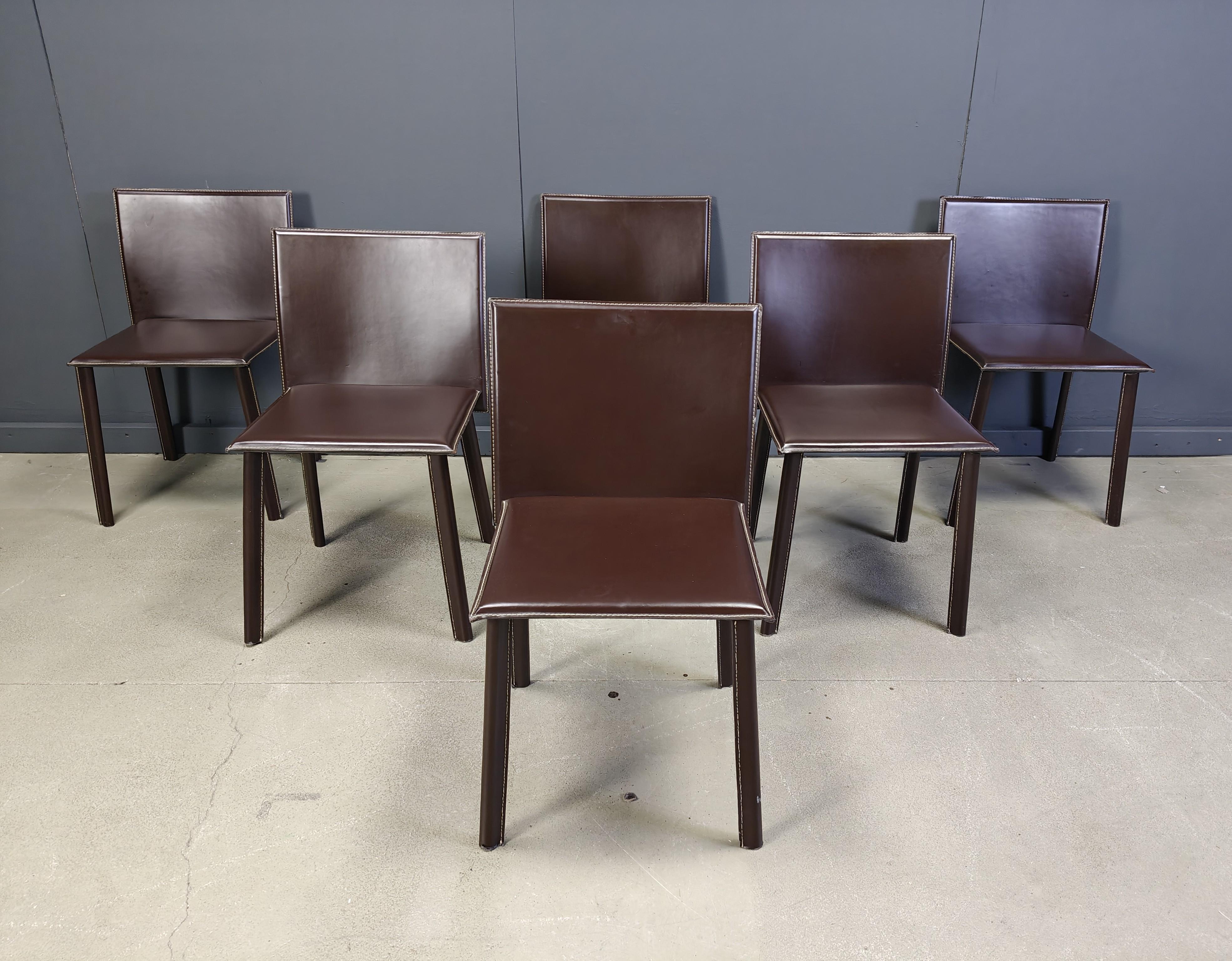 Esstischstühle aus braunem Leder, 6er Set, 1980er Jahre im Angebot 7