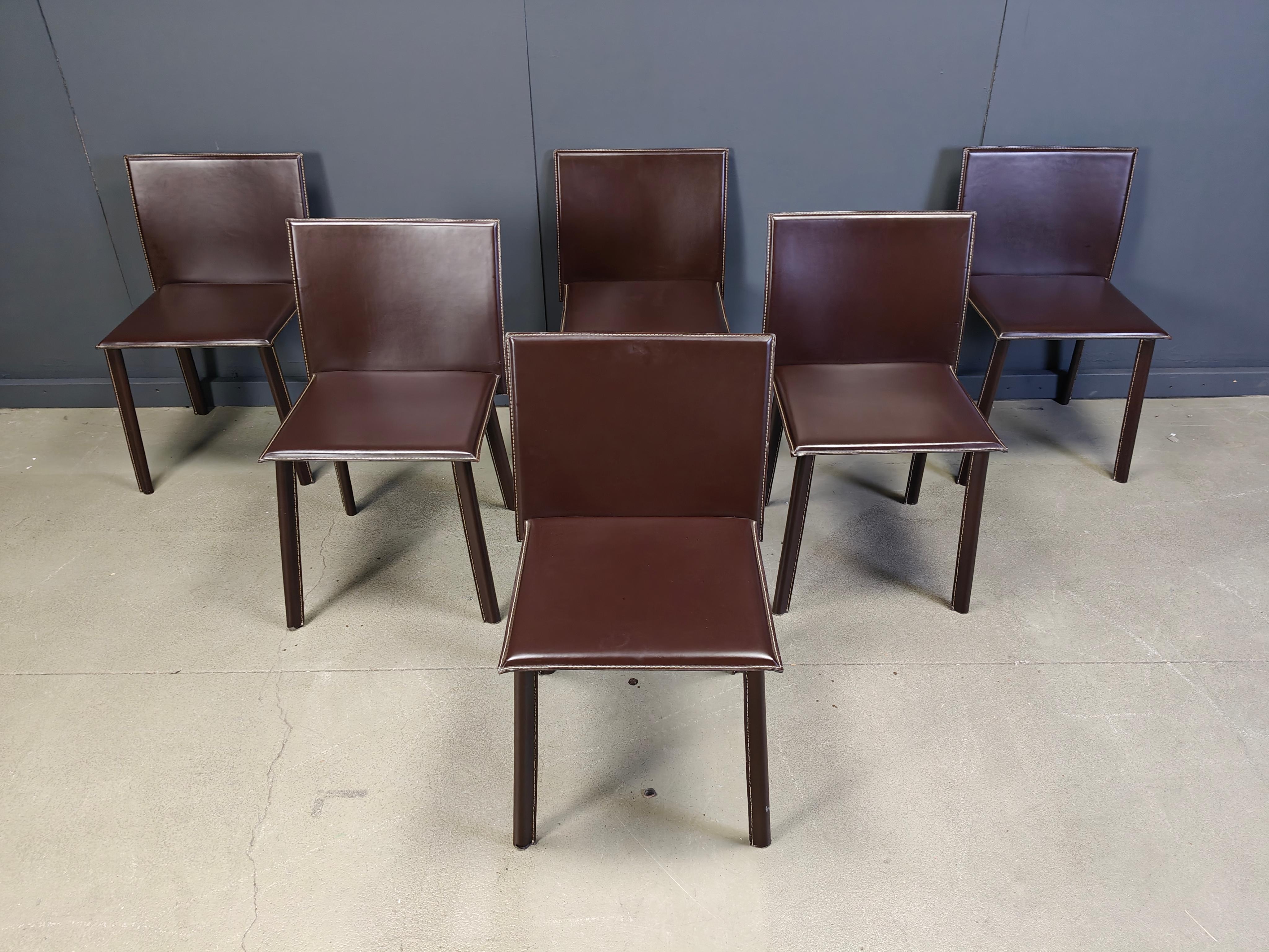Esstischstühle aus braunem Leder, 6er Set, 1980er Jahre im Angebot 8