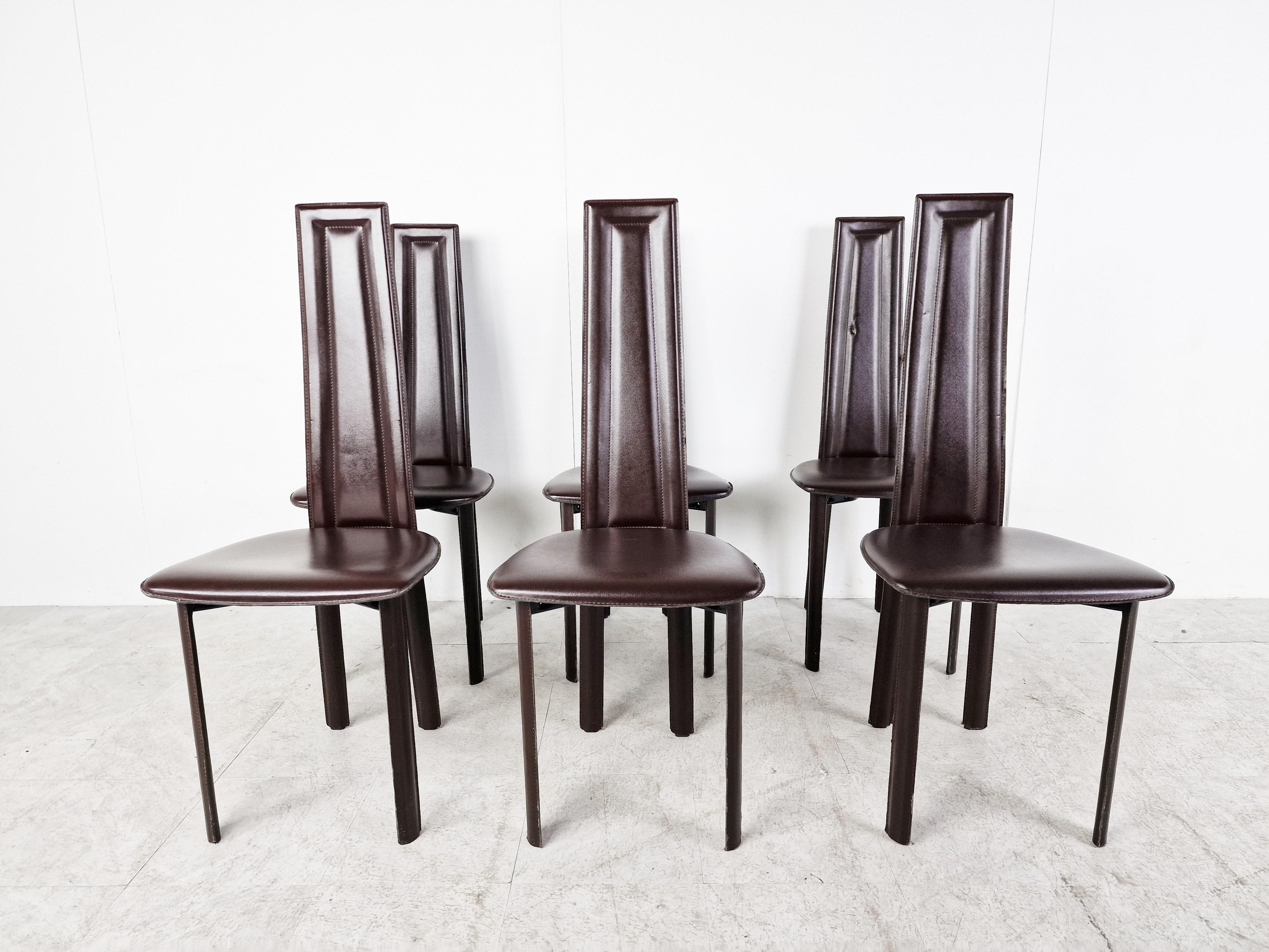 Mid-Century Modern Vintage Brown Leather Dining Chairs, Set of 6, 1980s For Sale